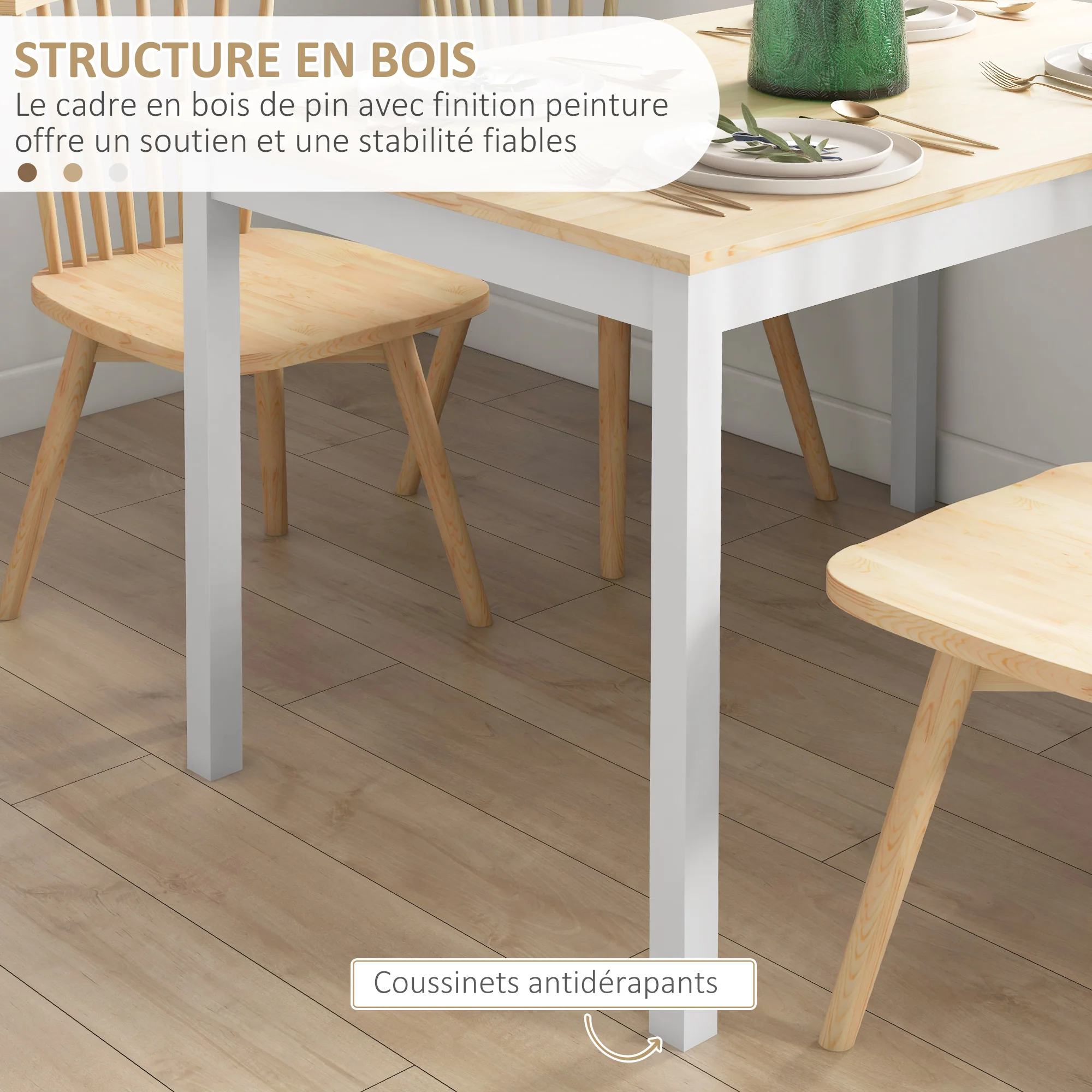 Table à manger, table de cuisine, structure en bois massif, 4 personnes, table de salle à manger, design vintage, 120 cm, naturel et blanc - Image 6