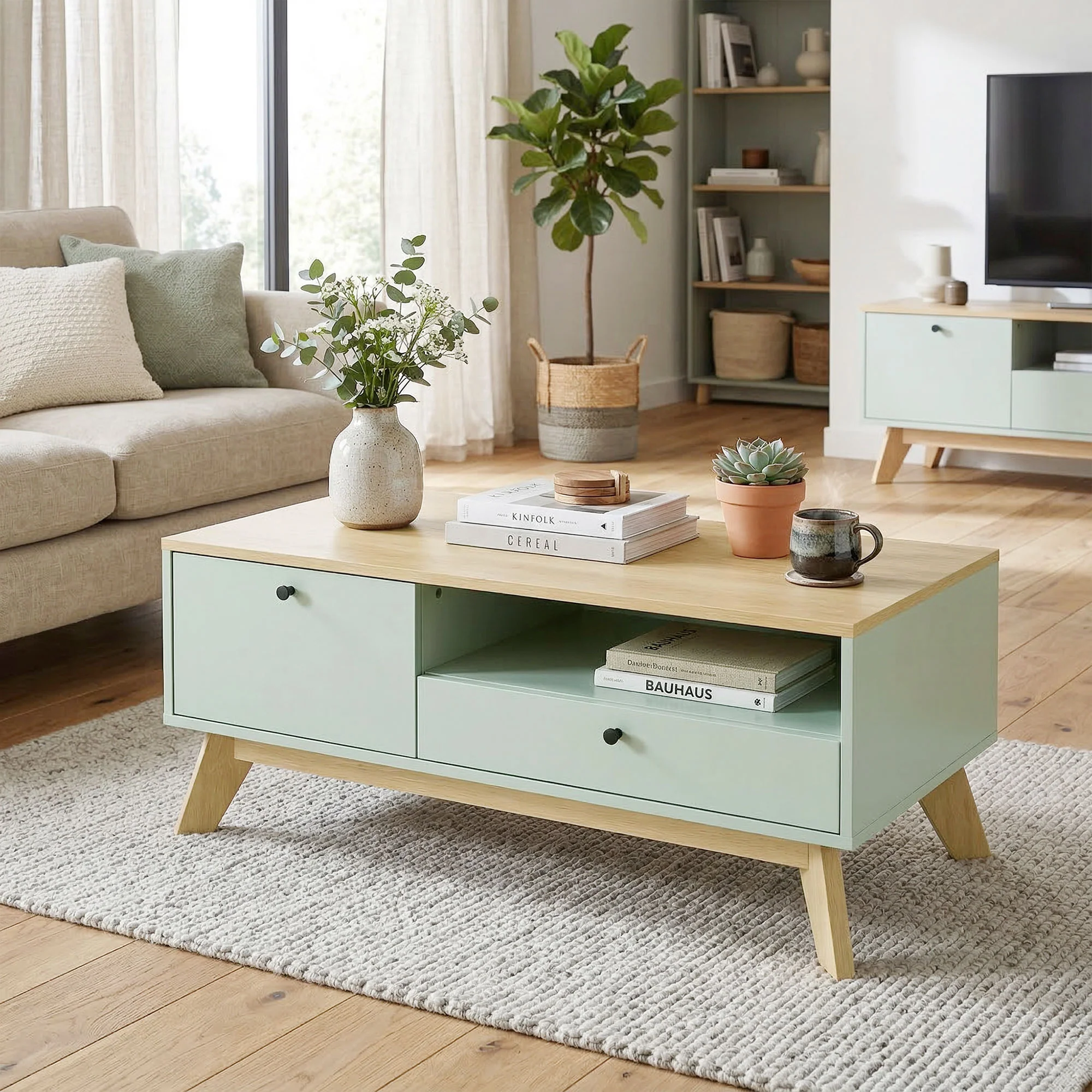 Table basse de salon, table d'appoint rectangulaire avec tiroir, porte et compartiment ouvert, style moderne, pour chambre, séjour et bureau, 100 x 50 x 40 cm, vert clair et chêne - Image 11