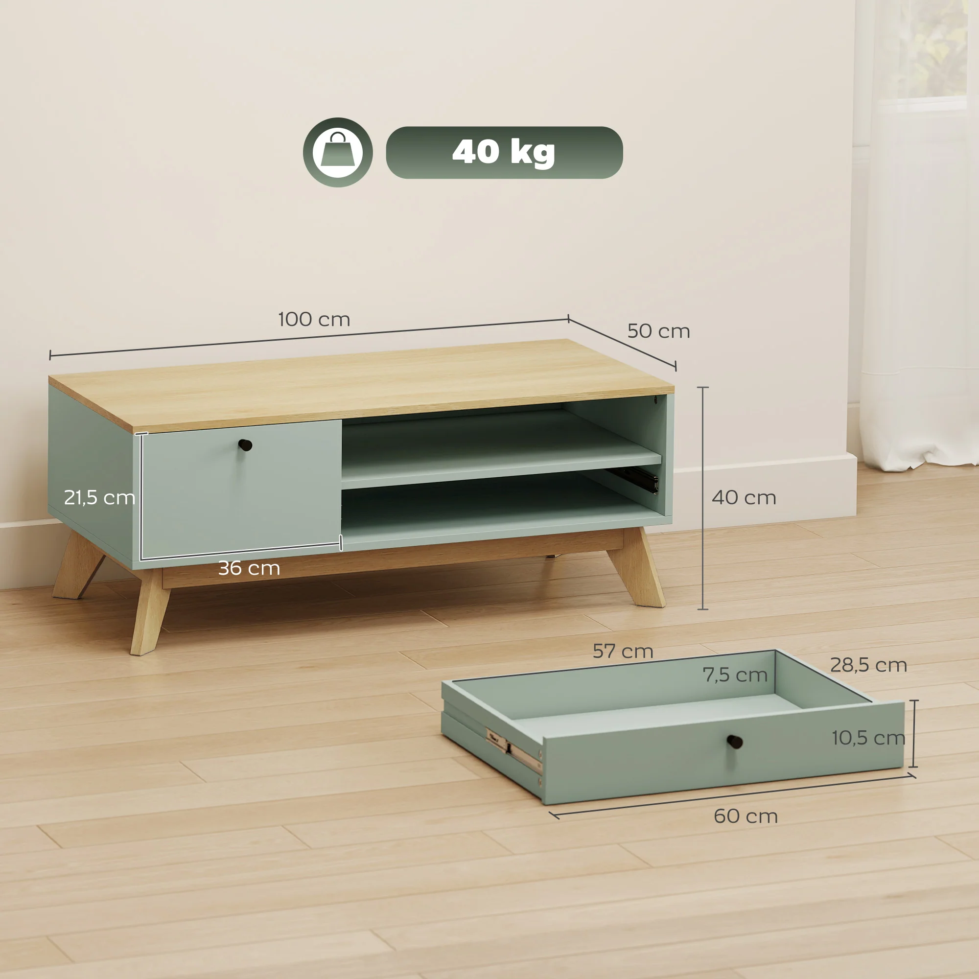 Table basse de salon, table d'appoint rectangulaire avec tiroir, porte et compartiment ouvert, style moderne, pour chambre, séjour et bureau, 100 x 50 x 40 cm, vert clair et chêne - Image 4