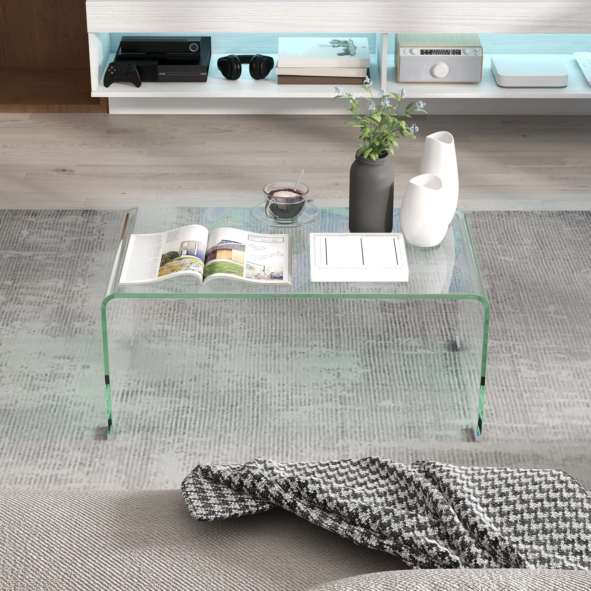 Table basse en verre table de salon rectangulaire design moderne en verre trempé avec bords arrondis s?rs 80 x 45 x 35 cm transparent - Image 10