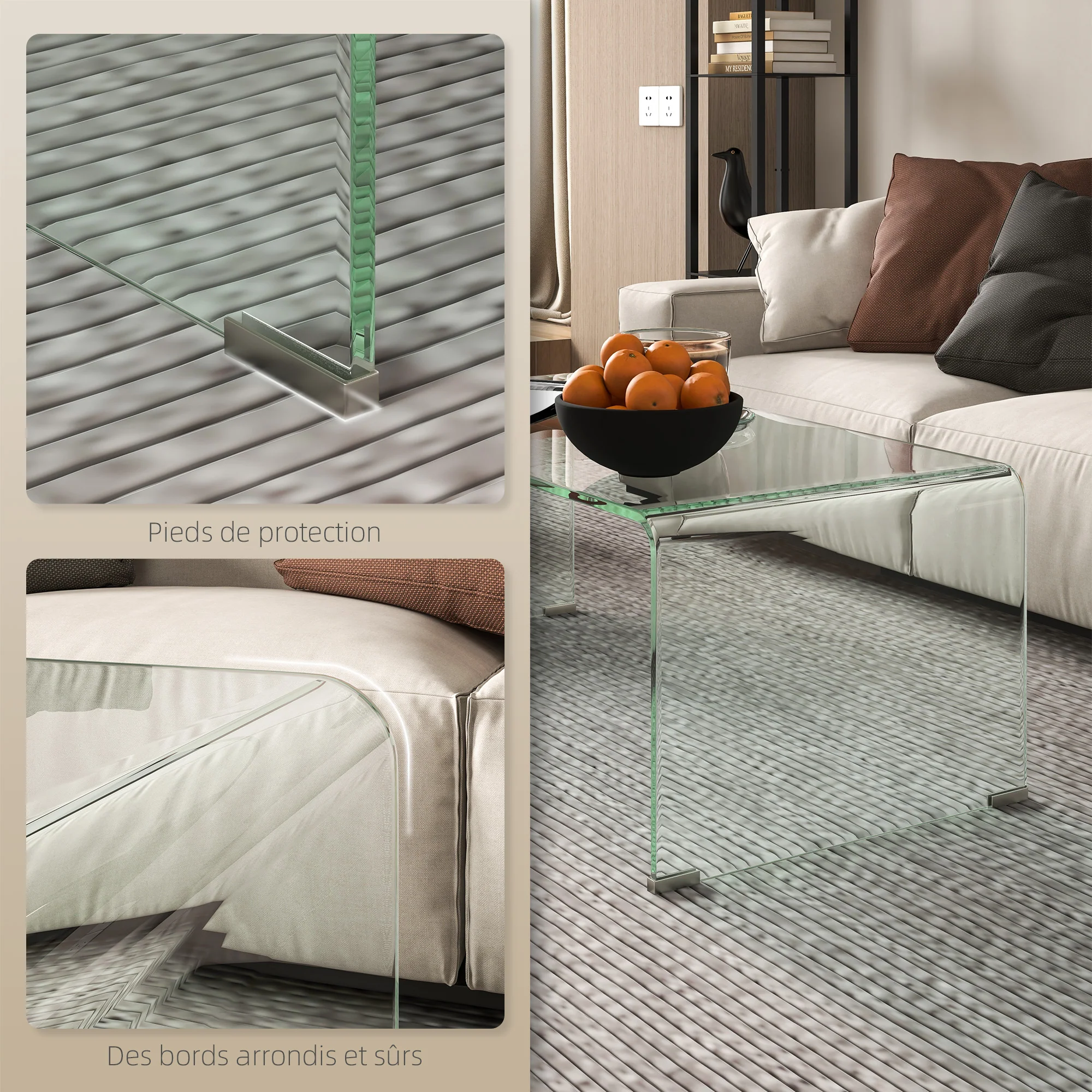 Table basse en verre table de salon rectangulaire design moderne en verre trempé avec bords arrondis s?rs 80 x 45 x 35 cm transparent - Image 6