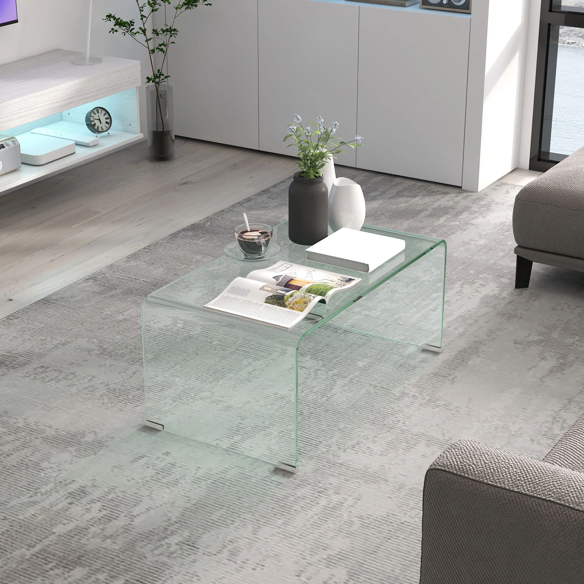 Table basse en verre table de salon rectangulaire design moderne en verre trempé avec bords arrondis s?rs 80 x 45 x 35 cm transparent - Image 9