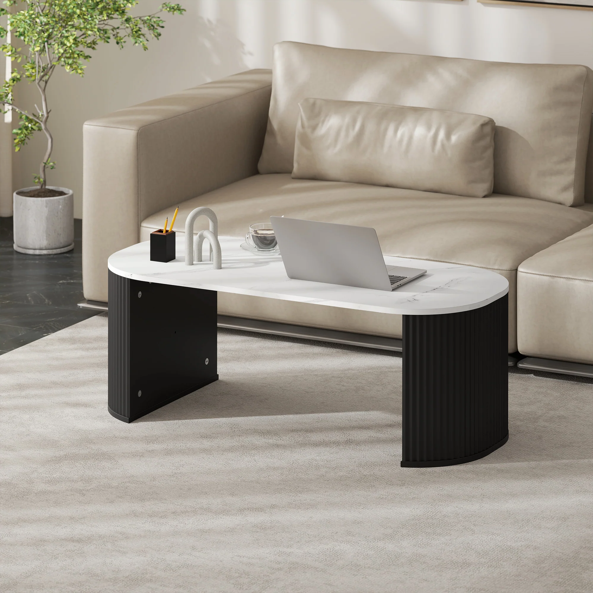 Table basse ovale, table d'appoint aspect effet marbre, avec coins arrondis et pieds épais, pour salon bureau chambre, 110 x 50 x 40 cm, noir - Image 10