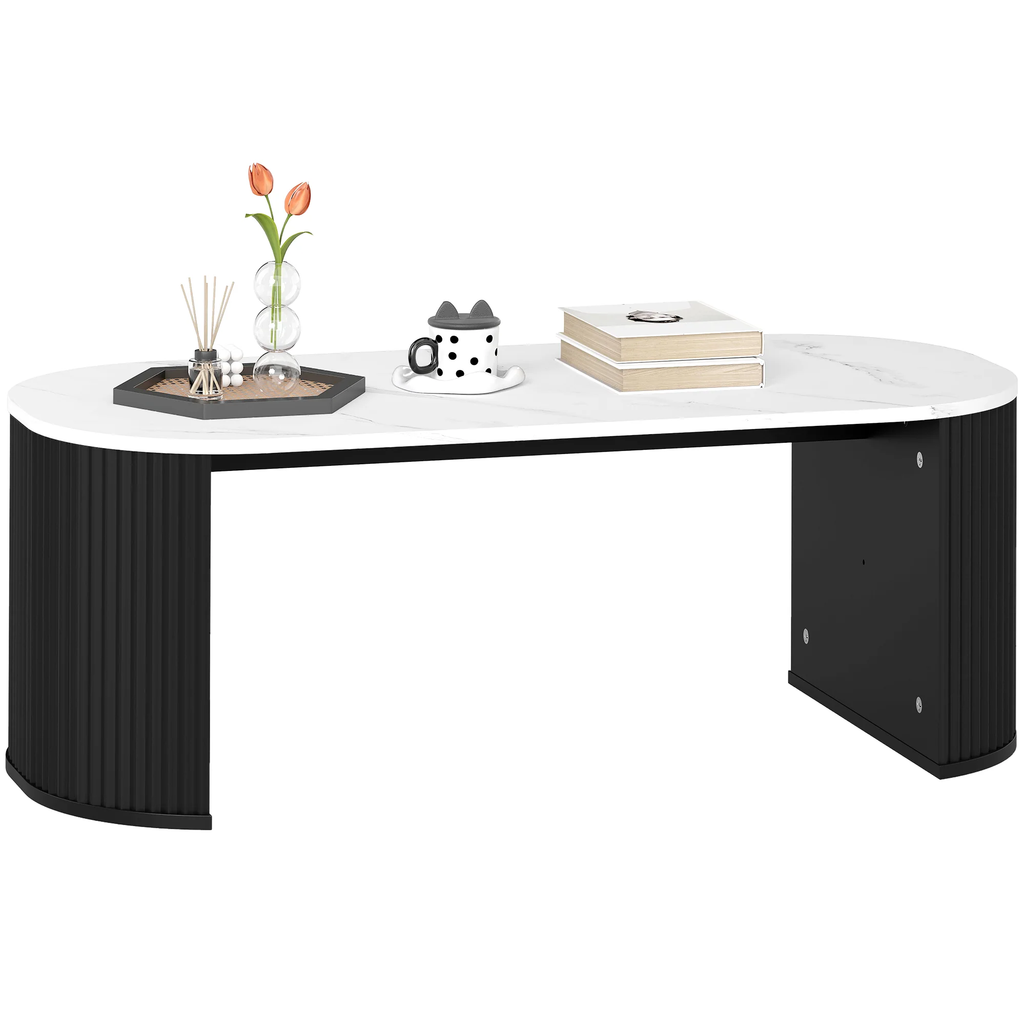 Table basse ovale, table d'appoint aspect effet marbre, avec coins arrondis et pieds épais, pour salon bureau chambre, 110 x 50 x 40 cm, noir - Image 11