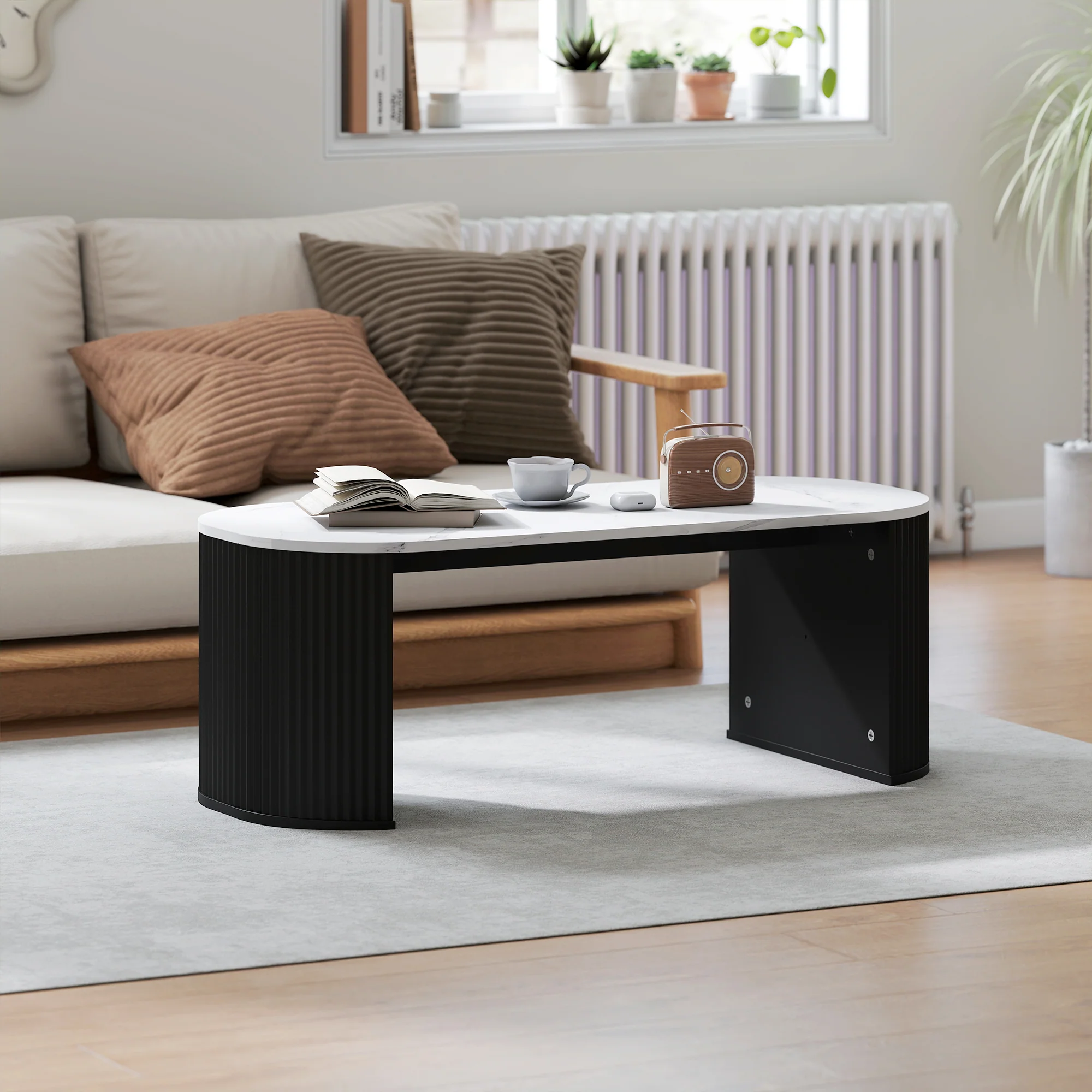 Table basse ovale, table d'appoint aspect effet marbre, avec coins arrondis et pieds épais, pour salon bureau chambre, 110 x 50 x 40 cm, noir - Image 3