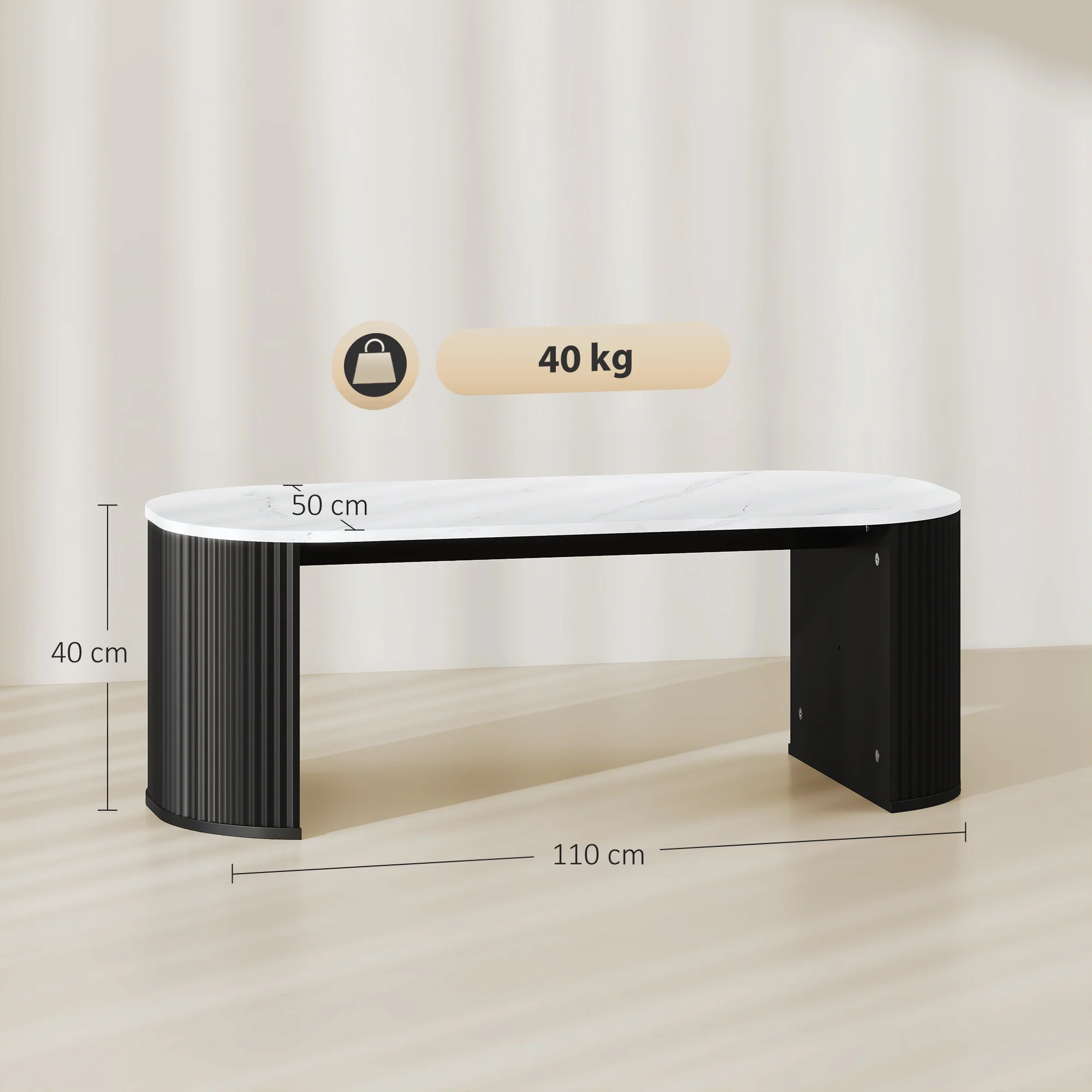 Table basse ovale, table d'appoint aspect effet marbre, avec coins arrondis et pieds épais, pour salon bureau chambre, 110 x 50 x 40 cm, noir - Image 4