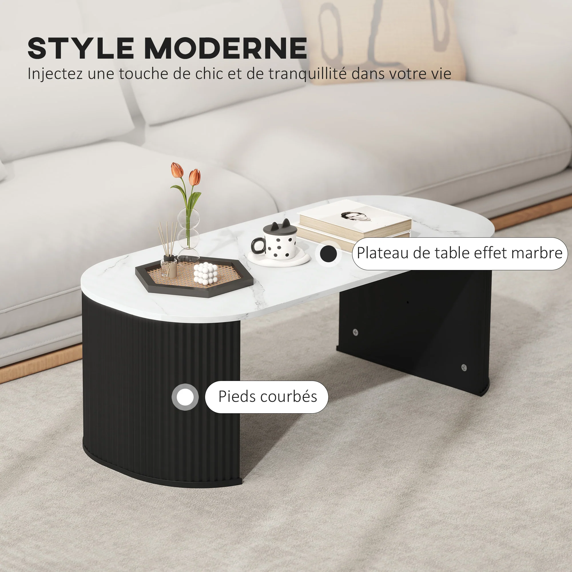 Table basse ovale, table d'appoint aspect effet marbre, avec coins arrondis et pieds épais, pour salon bureau chambre, 110 x 50 x 40 cm, noir - Image 5