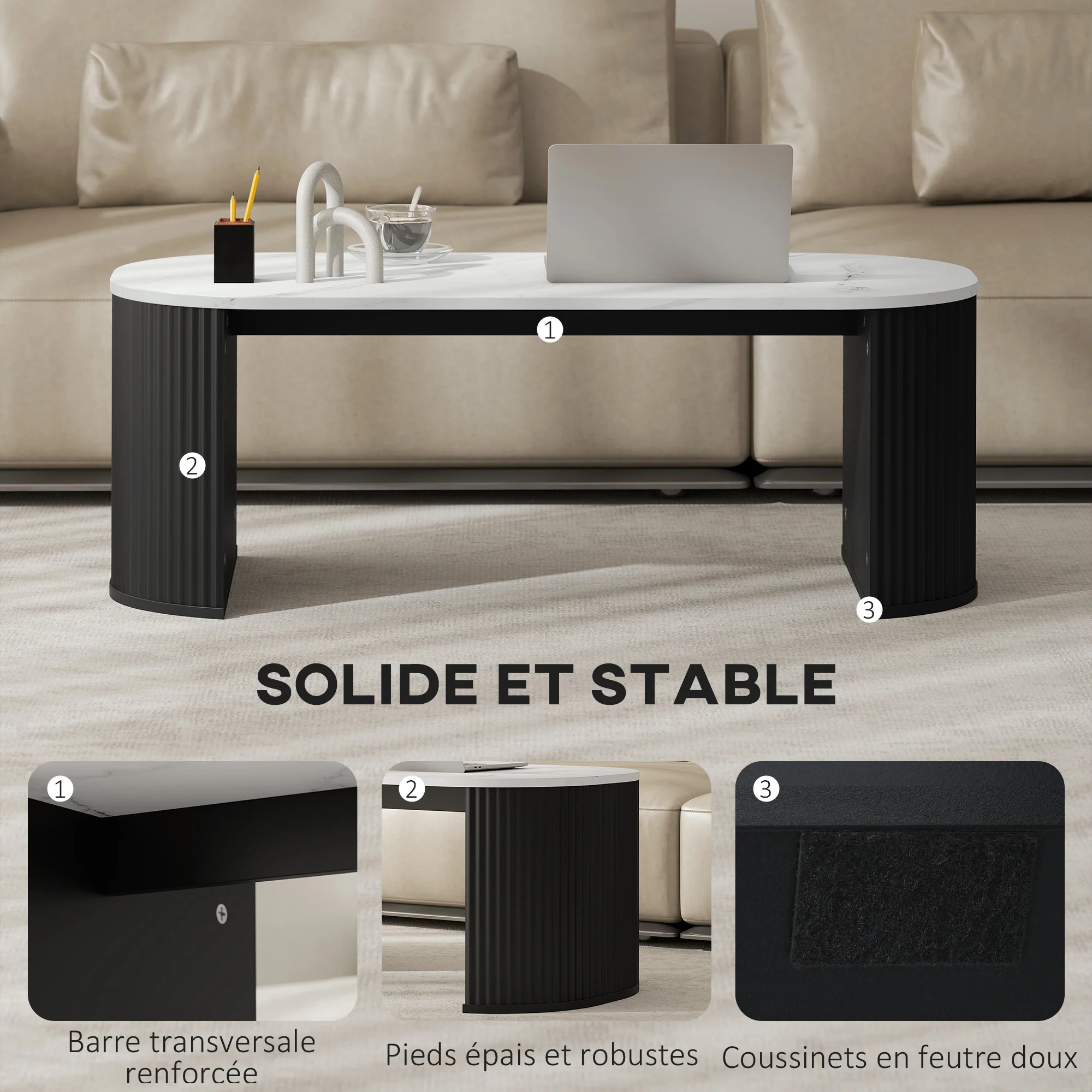 Table basse ovale, table d'appoint aspect effet marbre, avec coins arrondis et pieds épais, pour salon bureau chambre, 110 x 50 x 40 cm, noir - Image 6