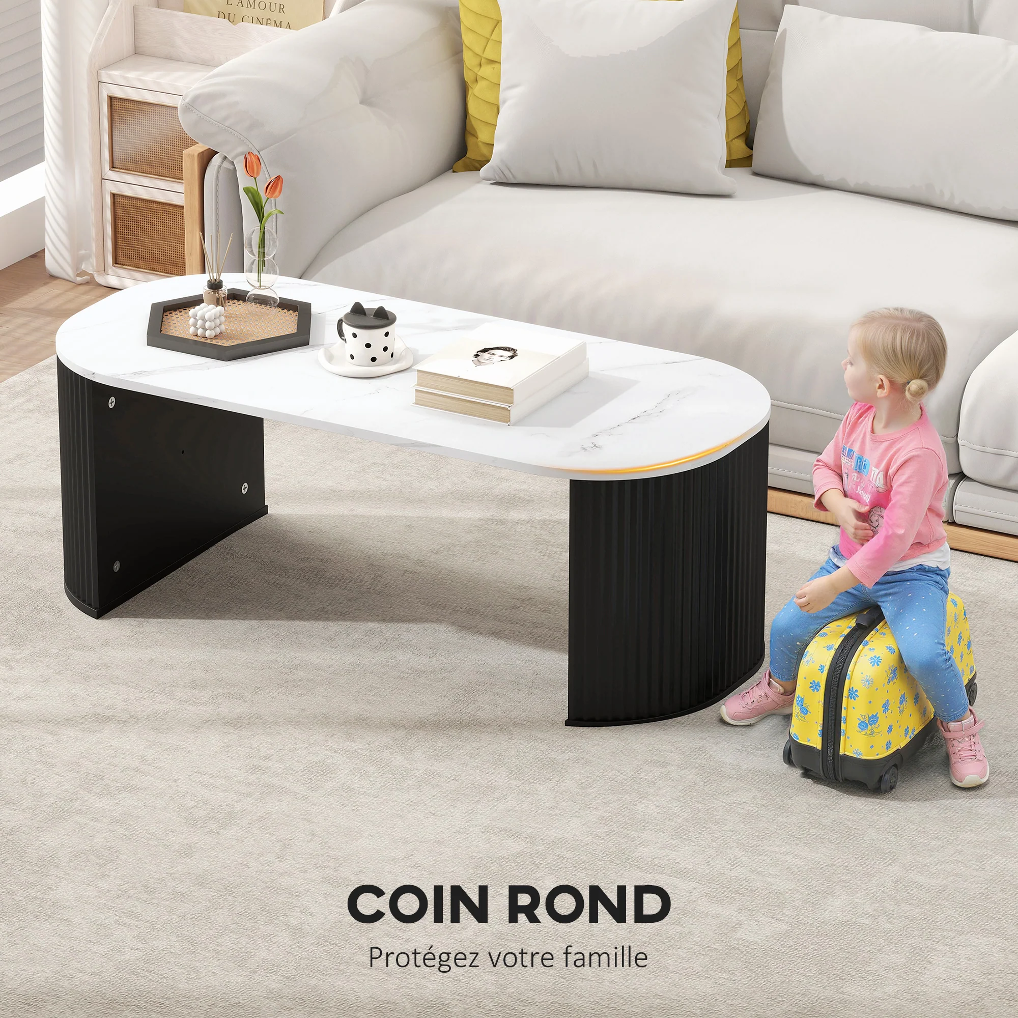 Table basse ovale, table d'appoint aspect effet marbre, avec coins arrondis et pieds épais, pour salon bureau chambre, 110 x 50 x 40 cm, noir - Image 7