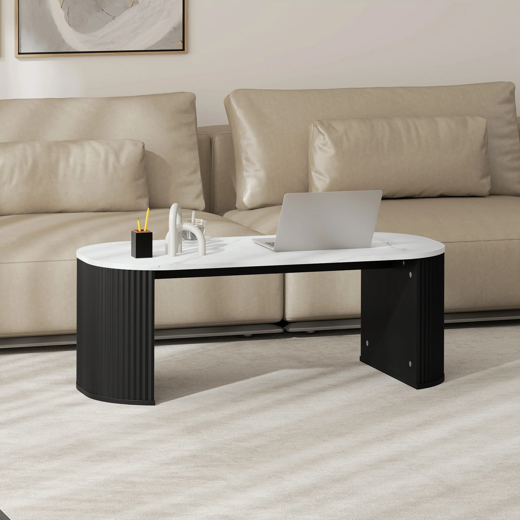 Table basse ovale, table d'appoint aspect effet marbre, avec coins arrondis et pieds épais, pour salon bureau chambre, 110 x 50 x 40 cm, noir - Image 8