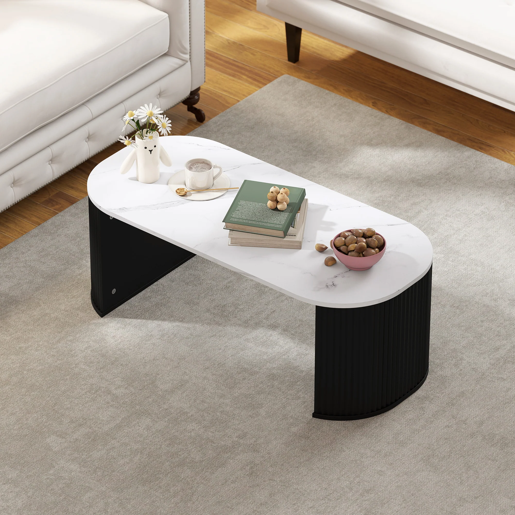 Table basse ovale, table d'appoint aspect effet marbre, avec coins arrondis et pieds épais, pour salon bureau chambre, 110 x 50 x 40 cm, noir - Image 9