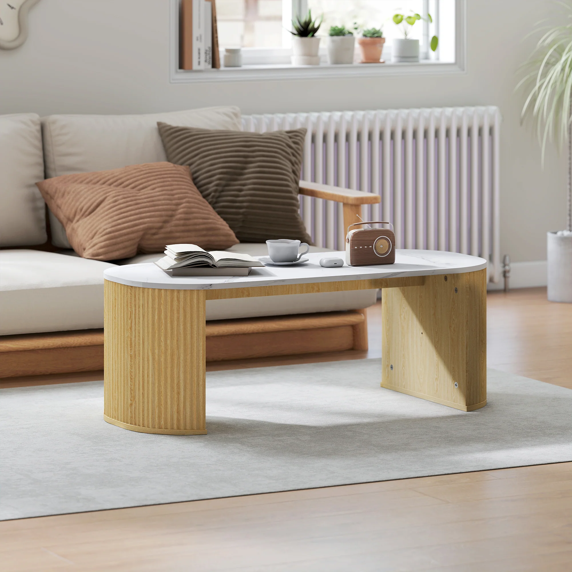 Table basse ovale, table d'appoint aspect effet marbre, avec coins arrondis et pieds épais, pour salon bureau chambre, 110 x 50 x 40 cm, blanc - Image 3