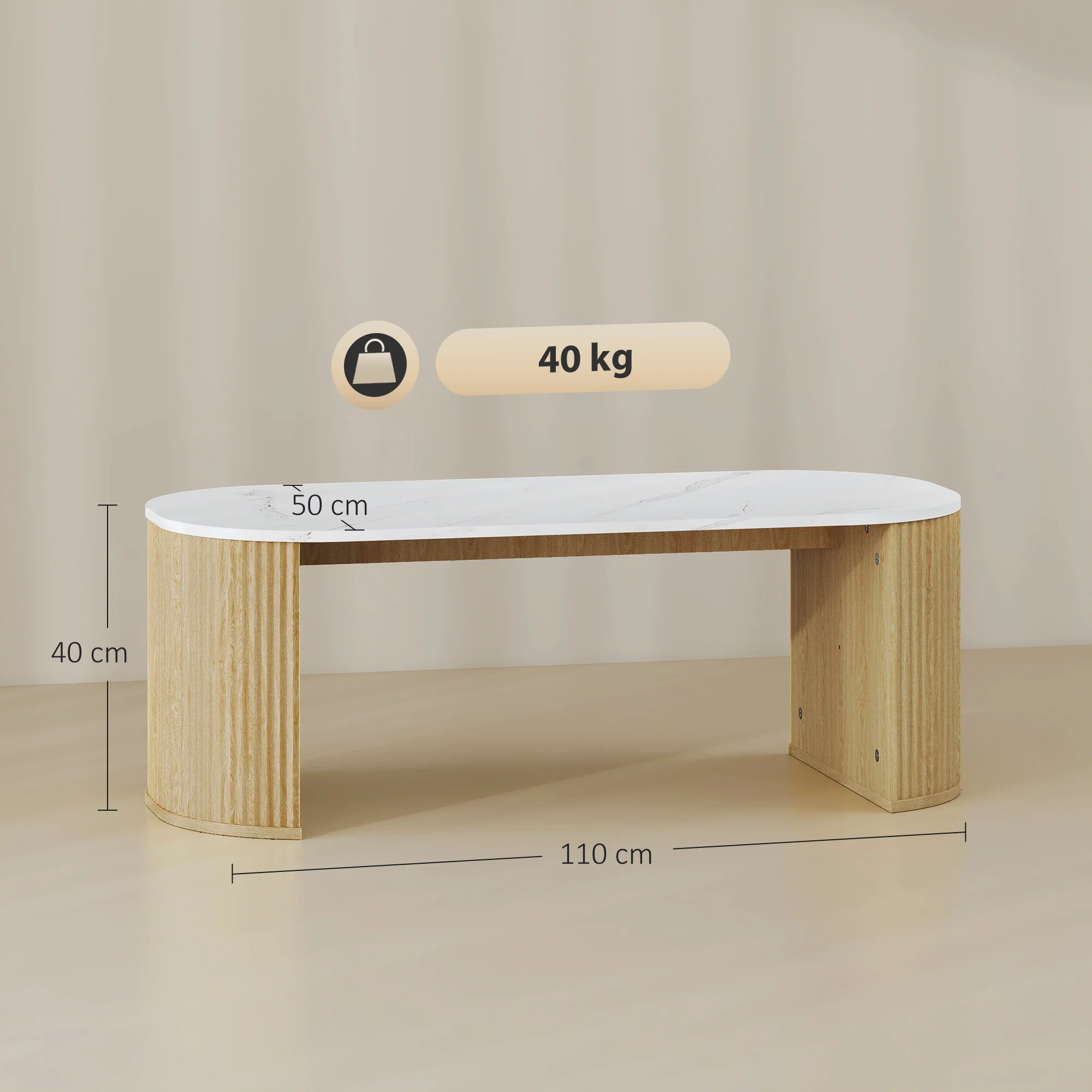 Table basse ovale, table d'appoint aspect effet marbre, avec coins arrondis et pieds épais, pour salon bureau chambre, 110 x 50 x 40 cm, blanc - Image 4