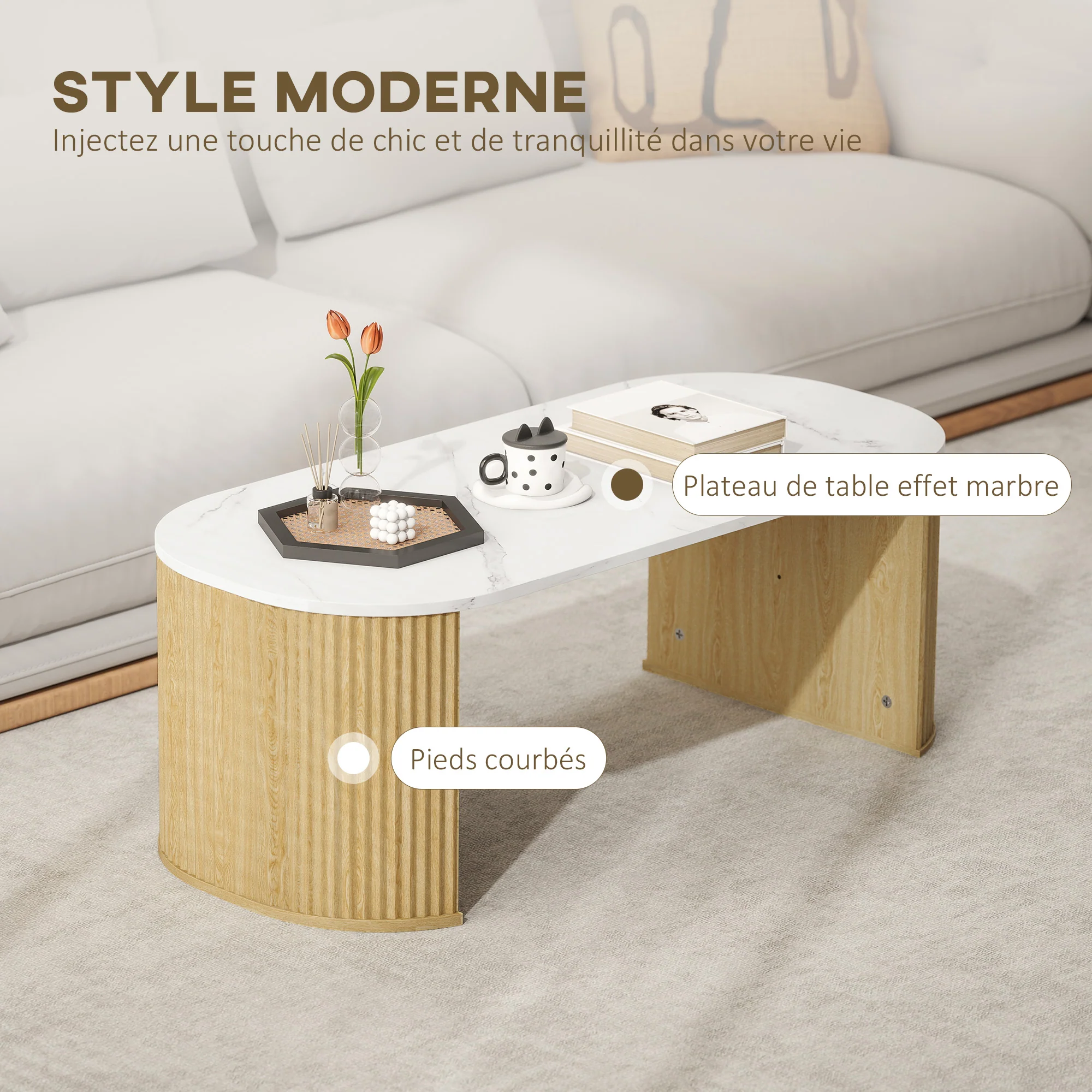 Table basse ovale, table d'appoint aspect effet marbre, avec coins arrondis et pieds épais, pour salon bureau chambre, 110 x 50 x 40 cm, blanc - Image 5