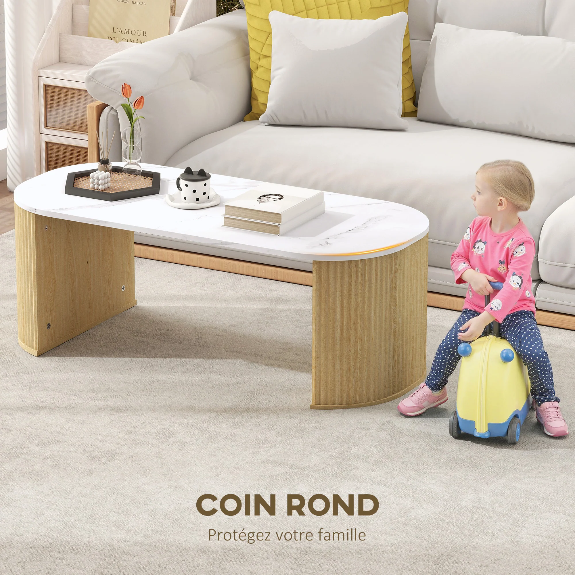 Table basse ovale, table d'appoint aspect effet marbre, avec coins arrondis et pieds épais, pour salon bureau chambre, 110 x 50 x 40 cm, blanc - Image 7