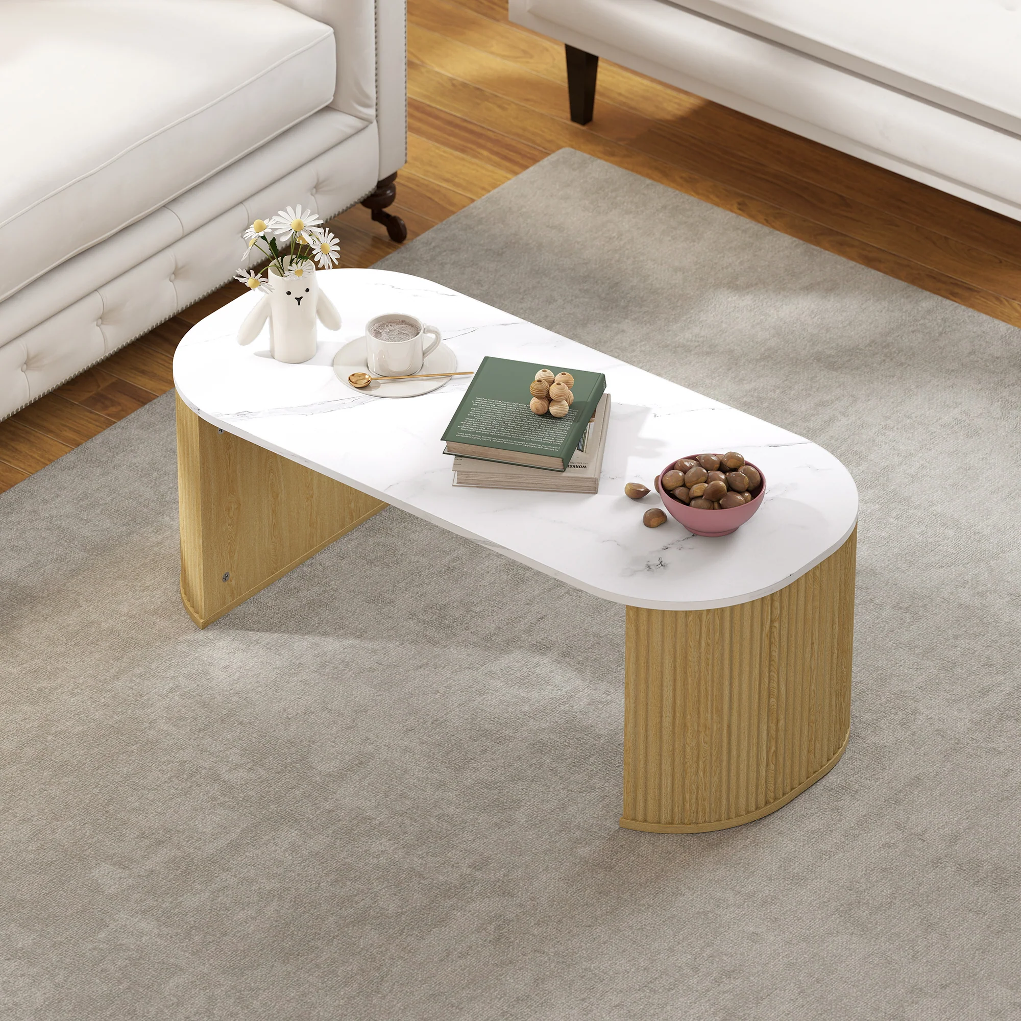 Table basse ovale, table d'appoint aspect effet marbre, avec coins arrondis et pieds épais, pour salon bureau chambre, 110 x 50 x 40 cm, blanc - Image 9