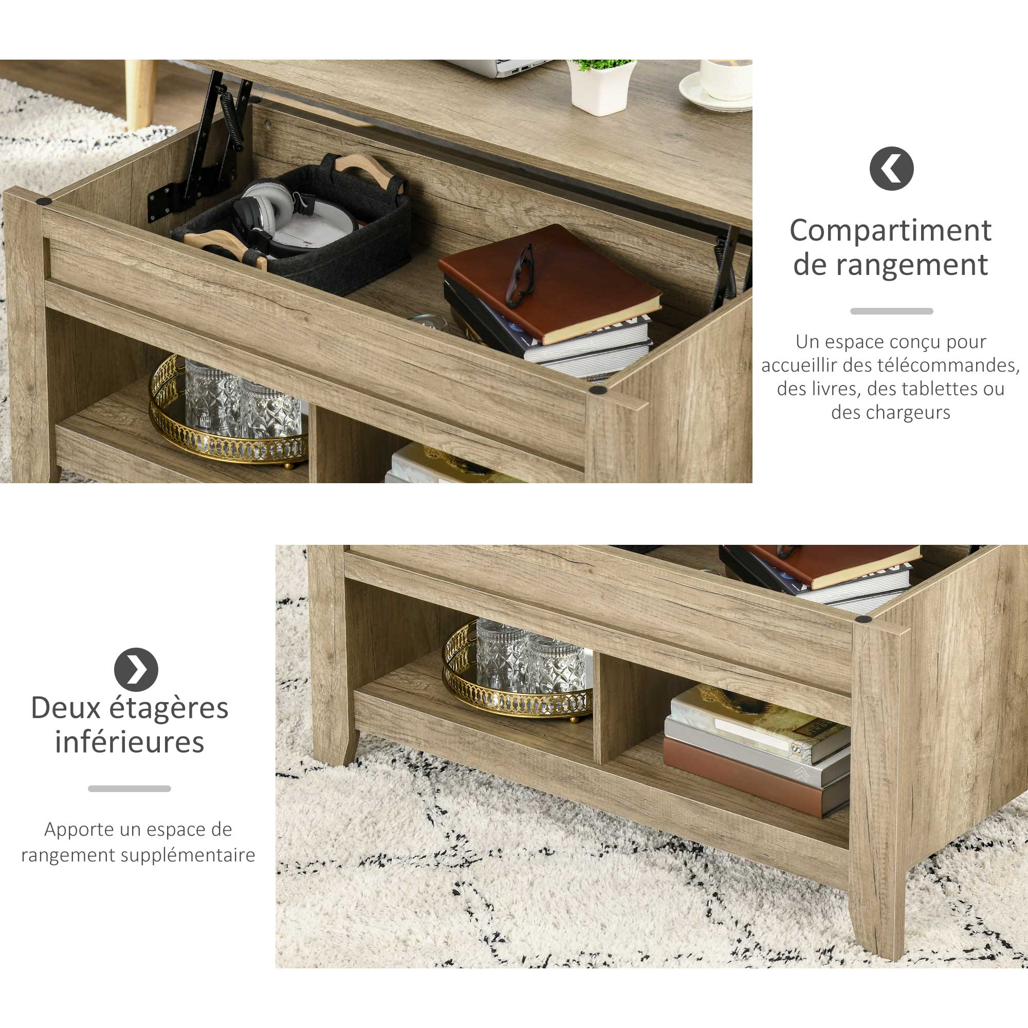 Table basse plateau relevable, table de salon avec étagères et compartiment caché,105 x 50 x 49-62,5 cm pour salon, chambre, aspect chêne clair - Image 6