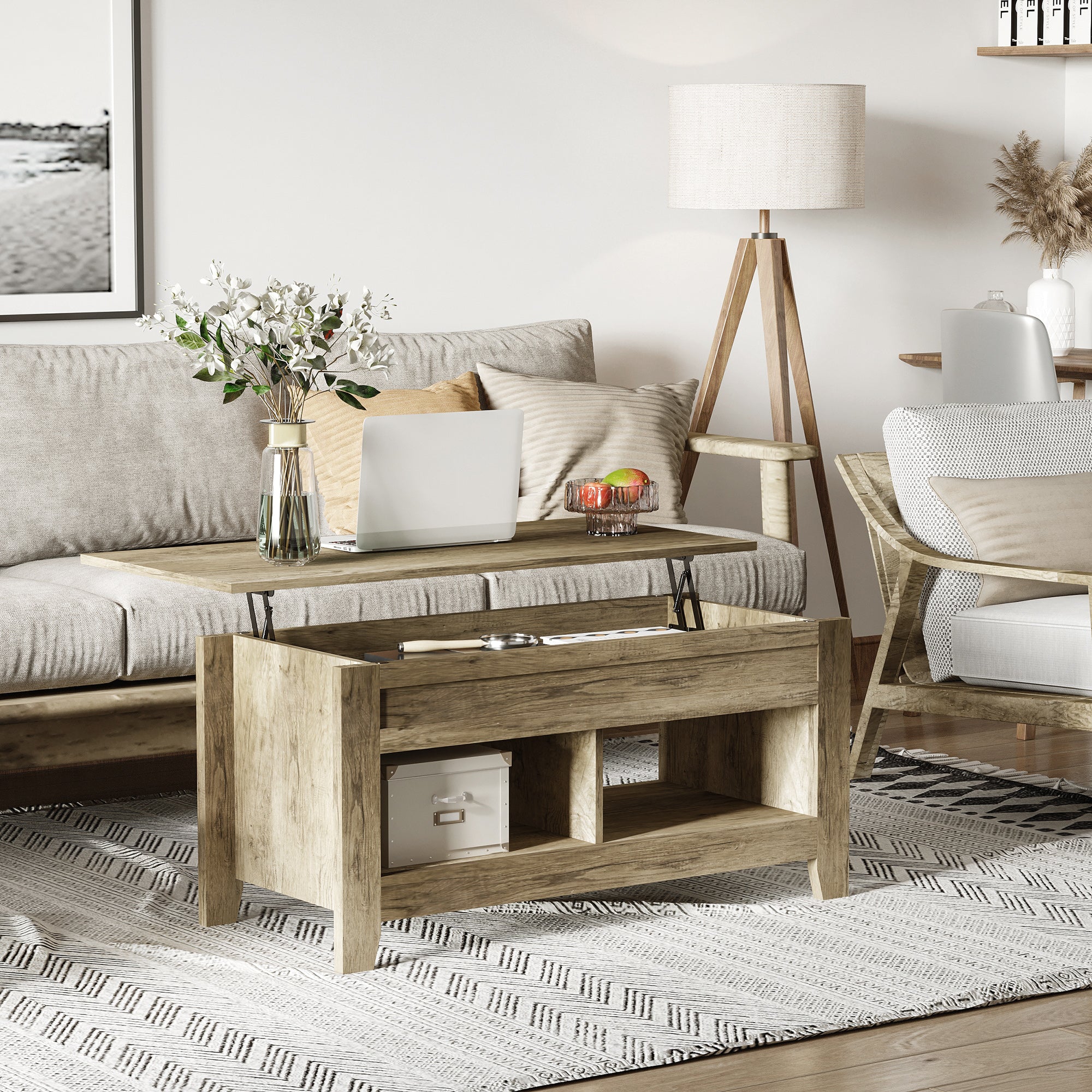 Table basse plateau relevable, table de salon avec étagères et compartiment caché,105 x 50 x 49-62,5 cm pour salon, chambre, aspect chêne clair - Image 8