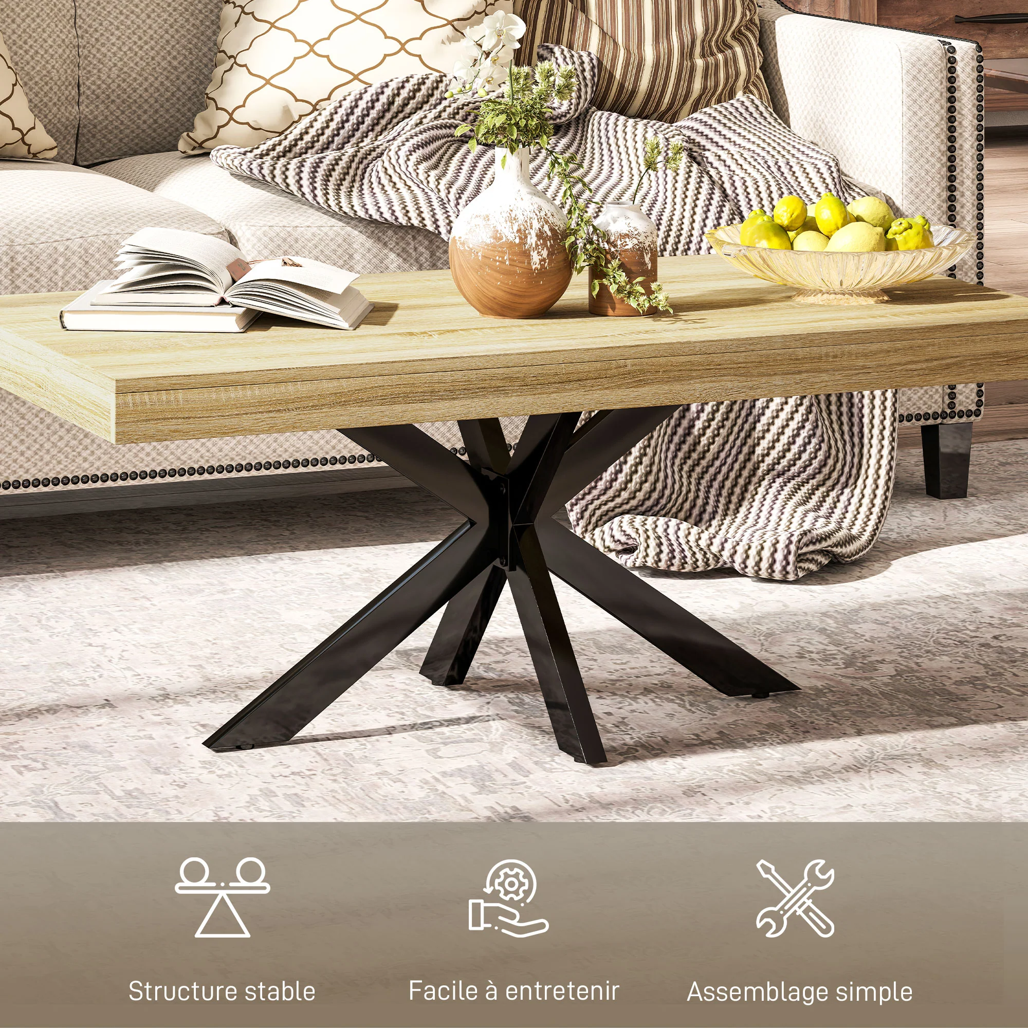 Table Basse rectangulaire table d'appoint Style Industriel en métal Noir et Plateau aspect Bois - dim. 110 x 60 x 45cm - Image 7