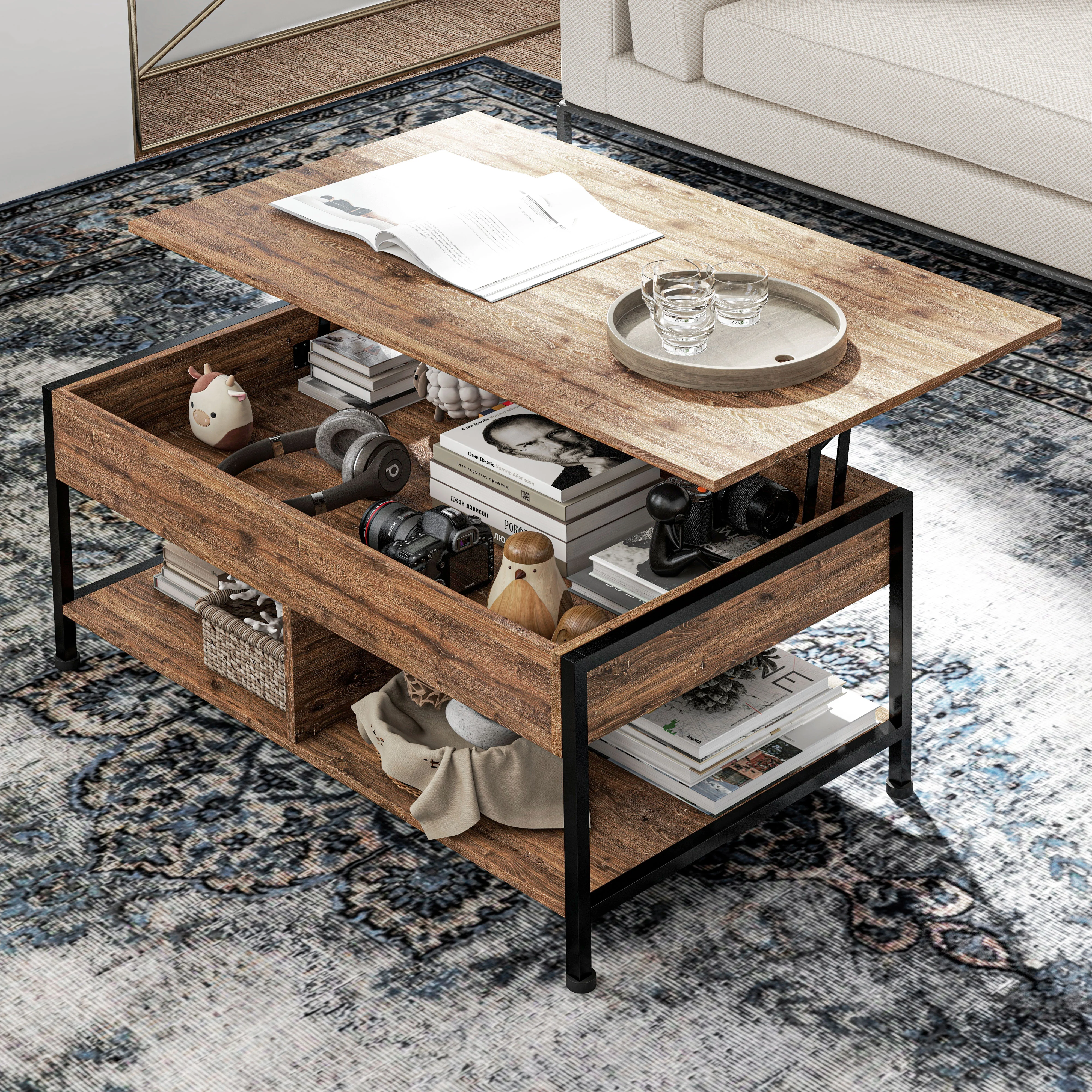 Table basse relevable table de salon - étagère inférieure, coffre de rangement - dim. 100L x 80l x 60H cm - aspect bois rustique noir - Image 10