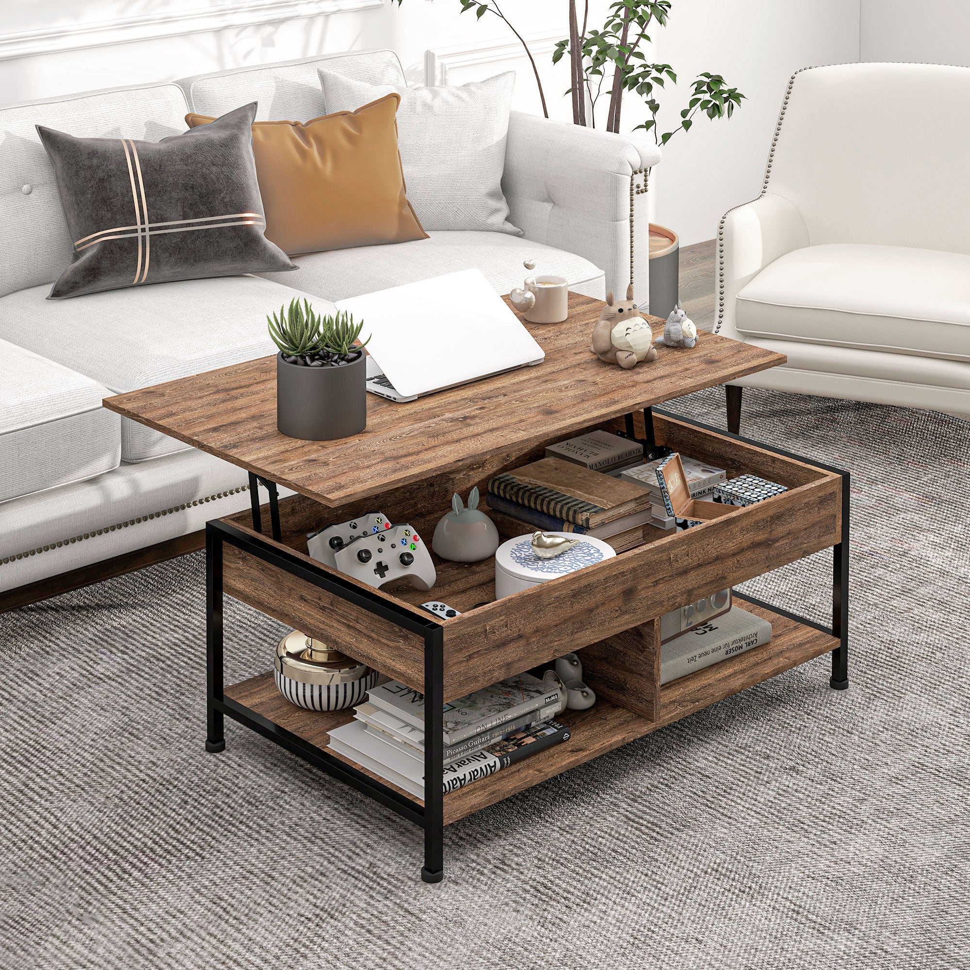 Table basse relevable table de salon - étagère inférieure, coffre de rangement - dim. 100L x 80l x 60H cm - aspect bois rustique noir - Image 3
