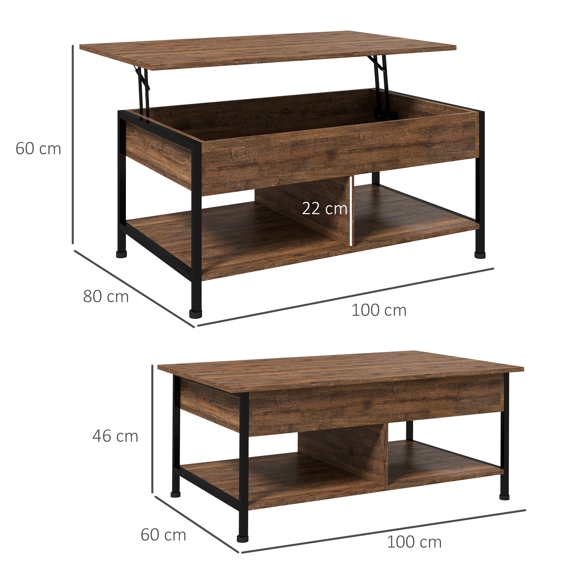 Table basse relevable table de salon - étagère inférieure, coffre de rangement - dim. 100L x 80l x 60H cm - aspect bois rustique noir - Image 4
