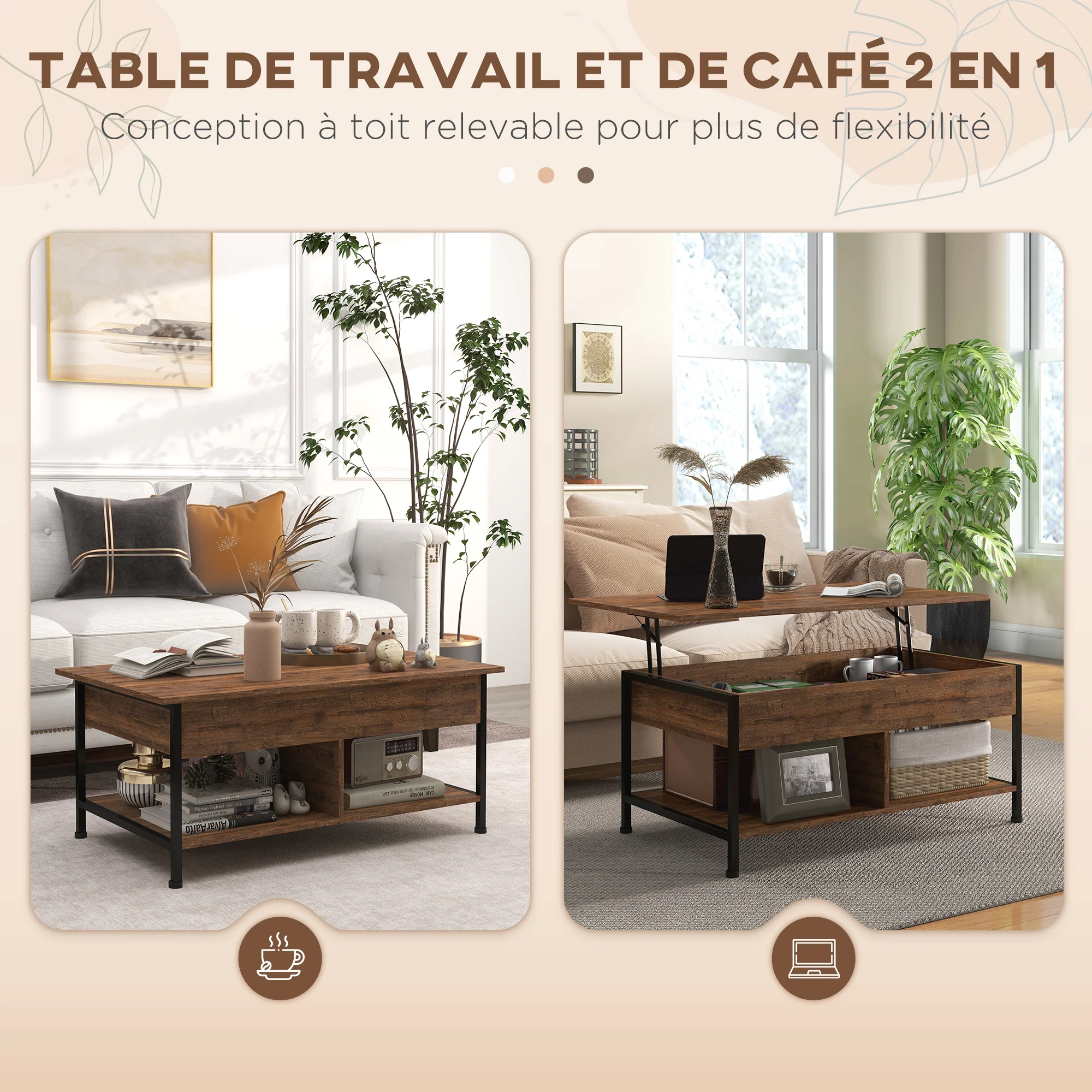 Table basse relevable table de salon - étagère inférieure, coffre de rangement - dim. 100L x 80l x 60H cm - aspect bois rustique noir - Image 5