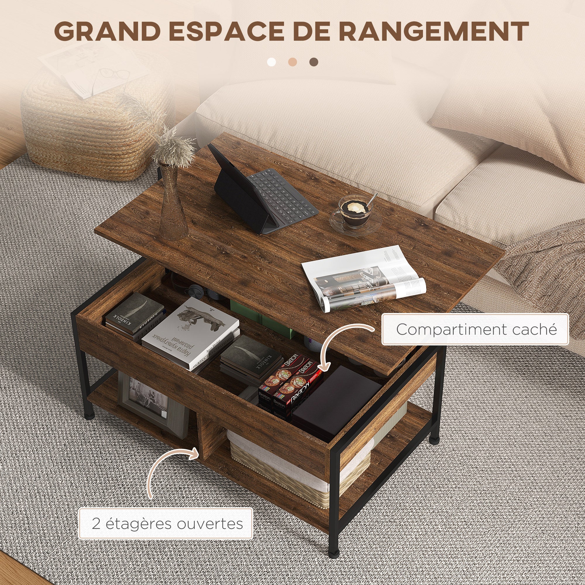 Table basse relevable table de salon - étagère inférieure, coffre de rangement - dim. 100L x 80l x 60H cm - aspect bois rustique noir - Image 6