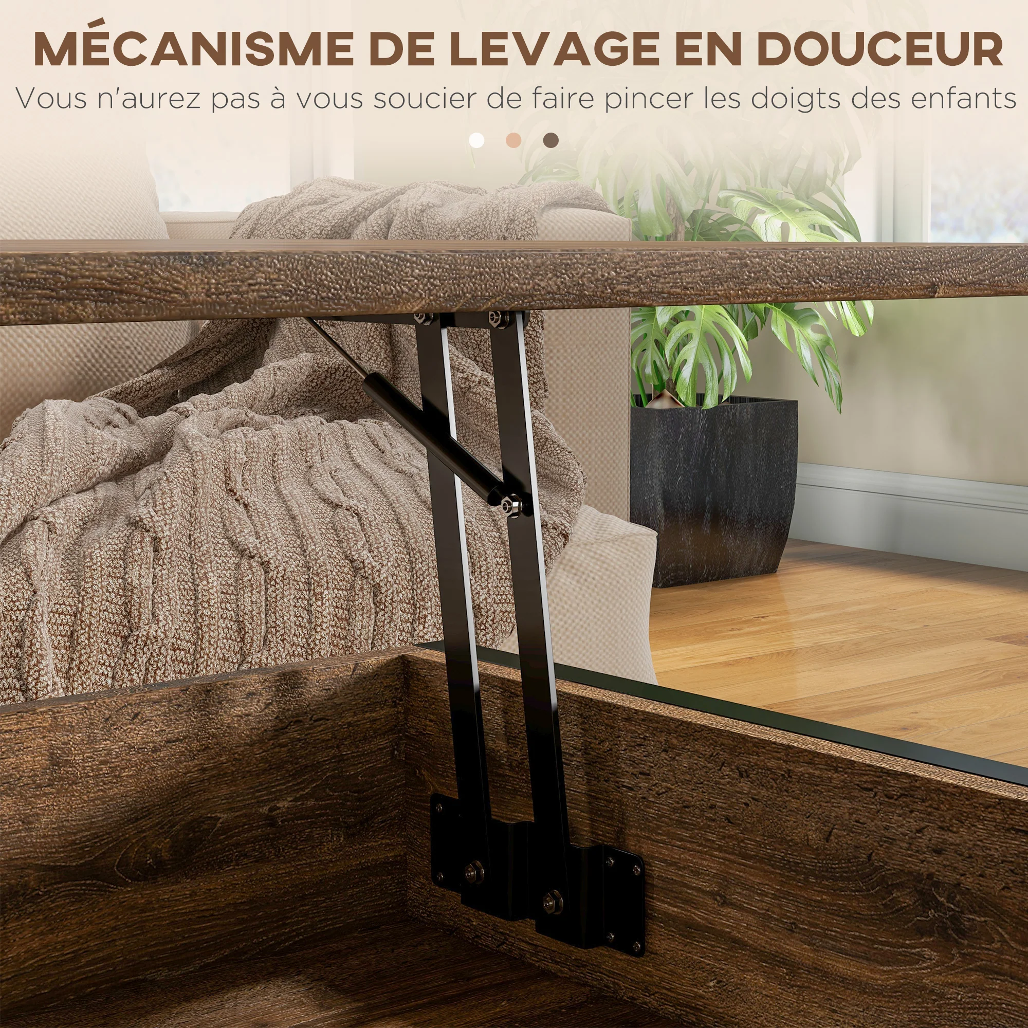 Table basse relevable table de salon - étagère inférieure, coffre de rangement - dim. 100L x 80l x 60H cm - aspect bois rustique noir - Image 8