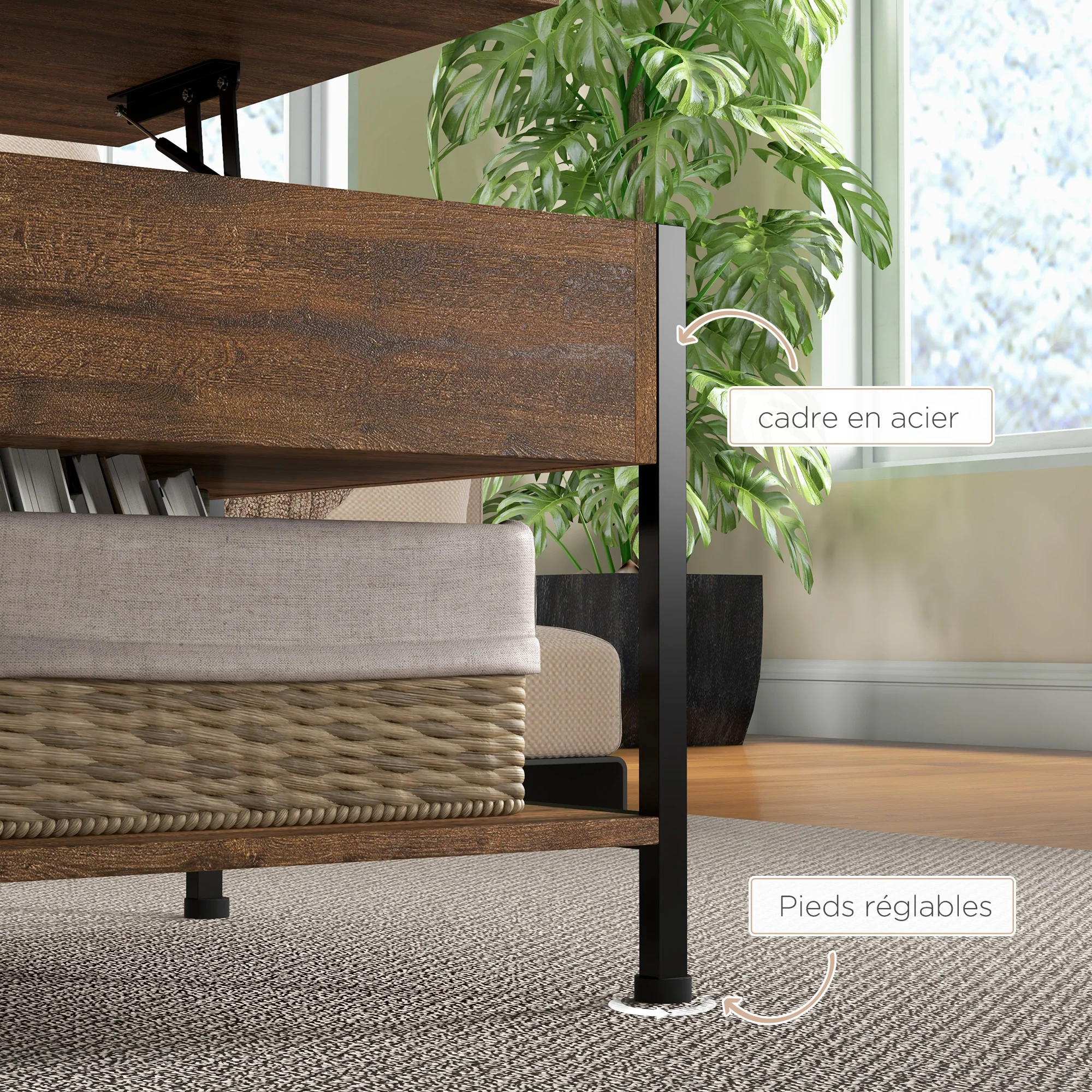 Table basse relevable table de salon - étagère inférieure, coffre de rangement - dim. 100L x 80l x 60H cm - aspect bois rustique noir - Image 9