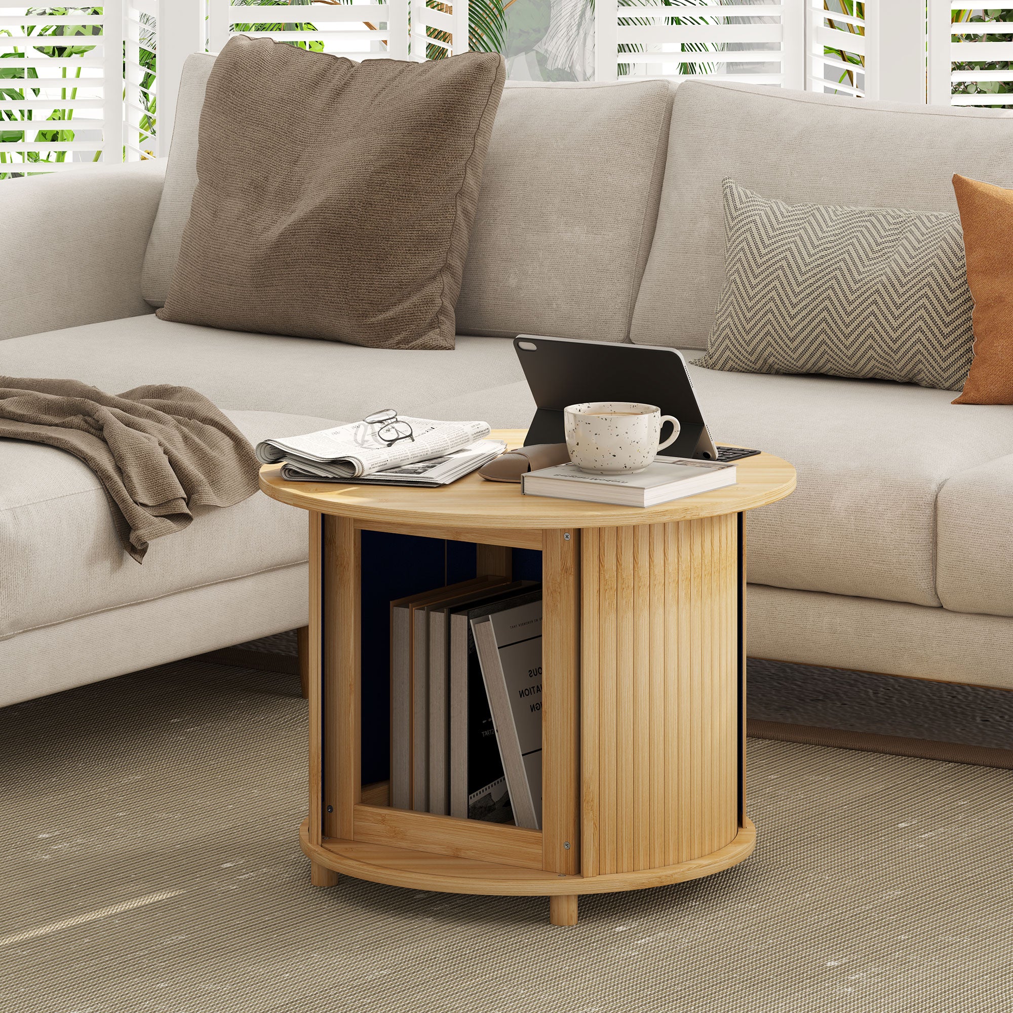 Table basse ronde table de salon table d'appoint en bambou avec rangement caché et porte coulissante, table basse salon et bureau à domicile, dim. Ø 60 x 45H cm, bois naturel - Image 10