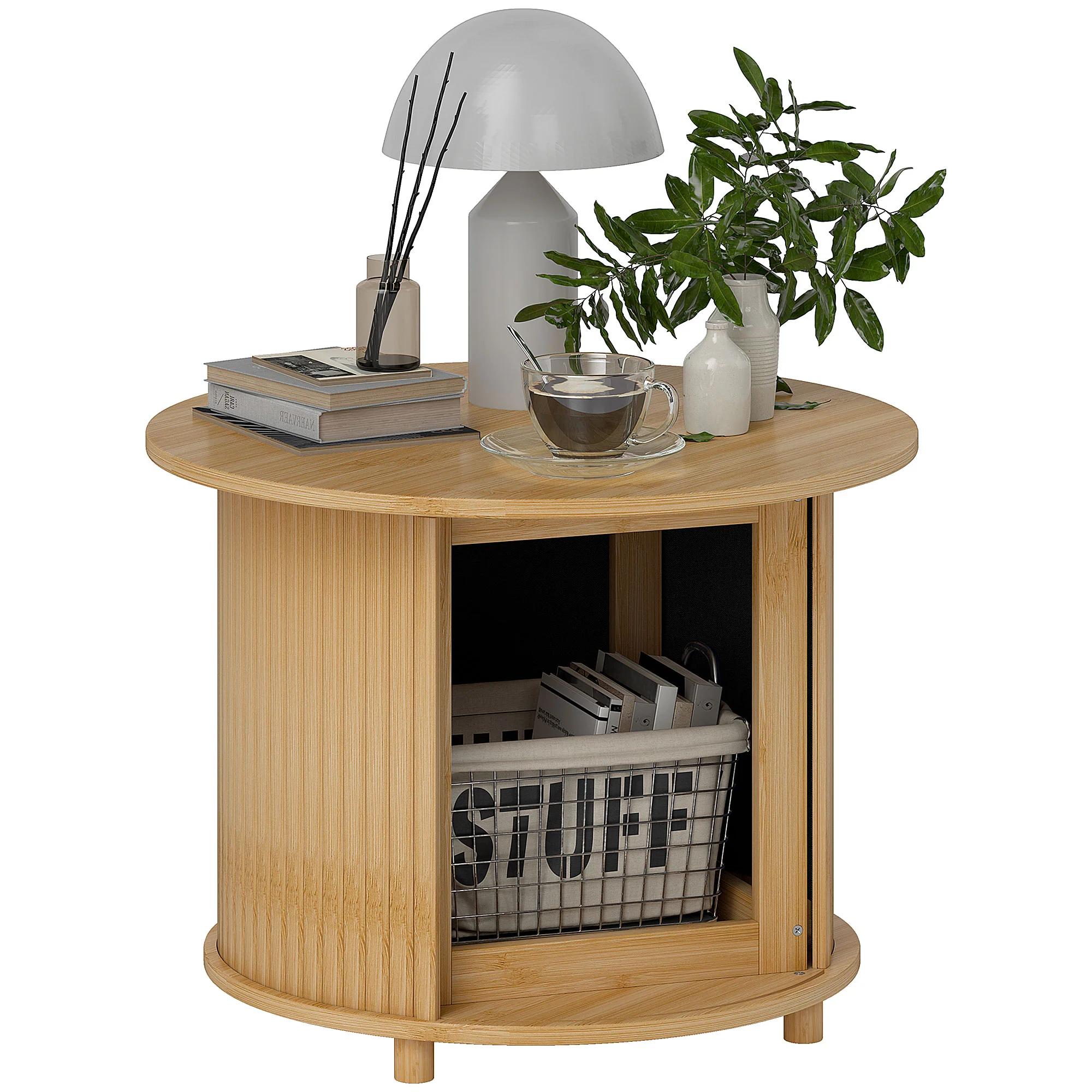 Table basse ronde table de salon table d'appoint en bambou avec rangement caché et porte coulissante, table basse salon et bureau à domicile, dim. Ø 60 x 45H cm, bois naturel - Image 11