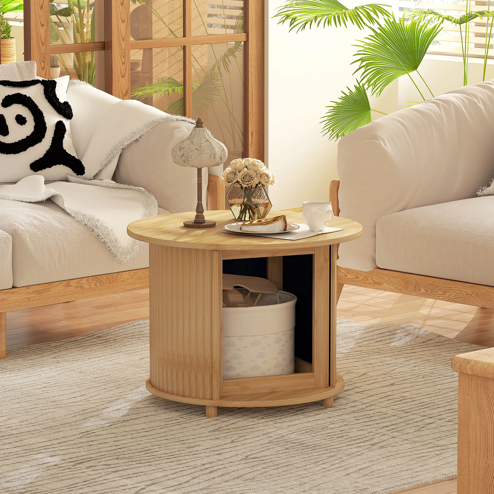 Table basse ronde table de salon table d'appoint en bambou avec rangement caché et porte coulissante, table basse salon et bureau à domicile, dim. Ø 60 x 45H cm, bois naturel - Image 3