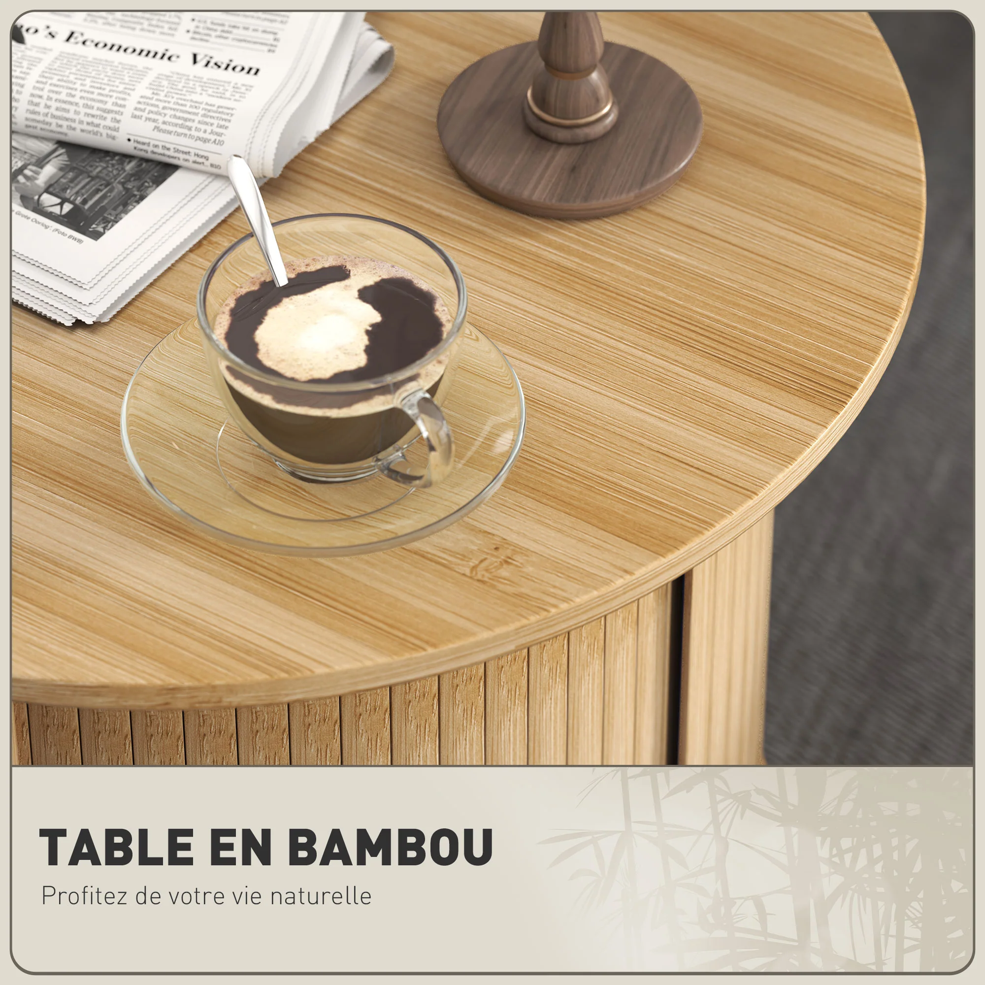 Table basse ronde table de salon table d'appoint en bambou avec rangement caché et porte coulissante, table basse salon et bureau à domicile, dim. Ø 60 x 45H cm, bois naturel - Image 5