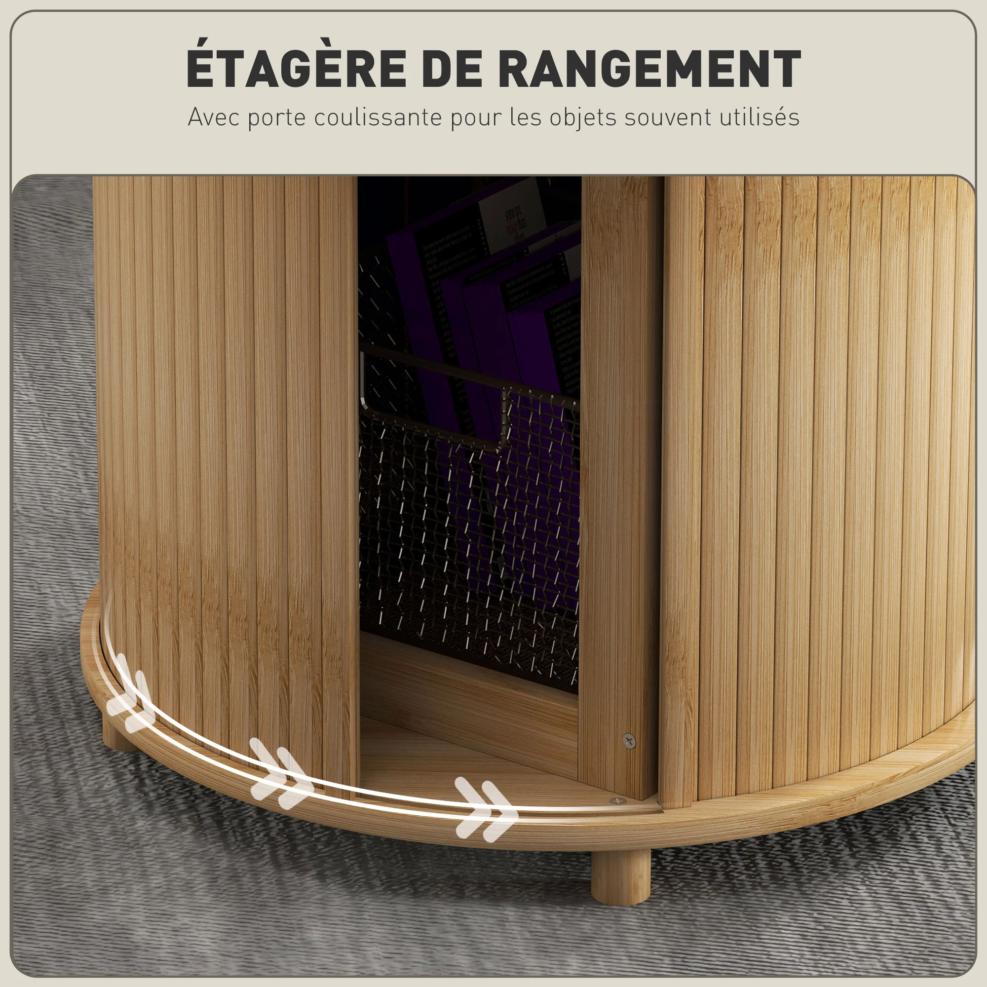 Table basse ronde table de salon table d'appoint en bambou avec rangement caché et porte coulissante, table basse salon et bureau à domicile, dim. Ø 60 x 45H cm, bois naturel - Image 6