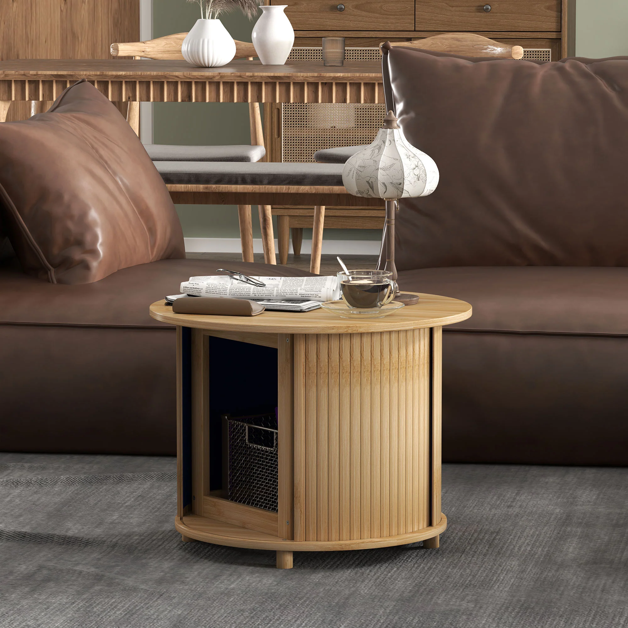 Table basse ronde table de salon table d'appoint en bambou avec rangement caché et porte coulissante, table basse salon et bureau à domicile, dim. Ø 60 x 45H cm, bois naturel - Image 9