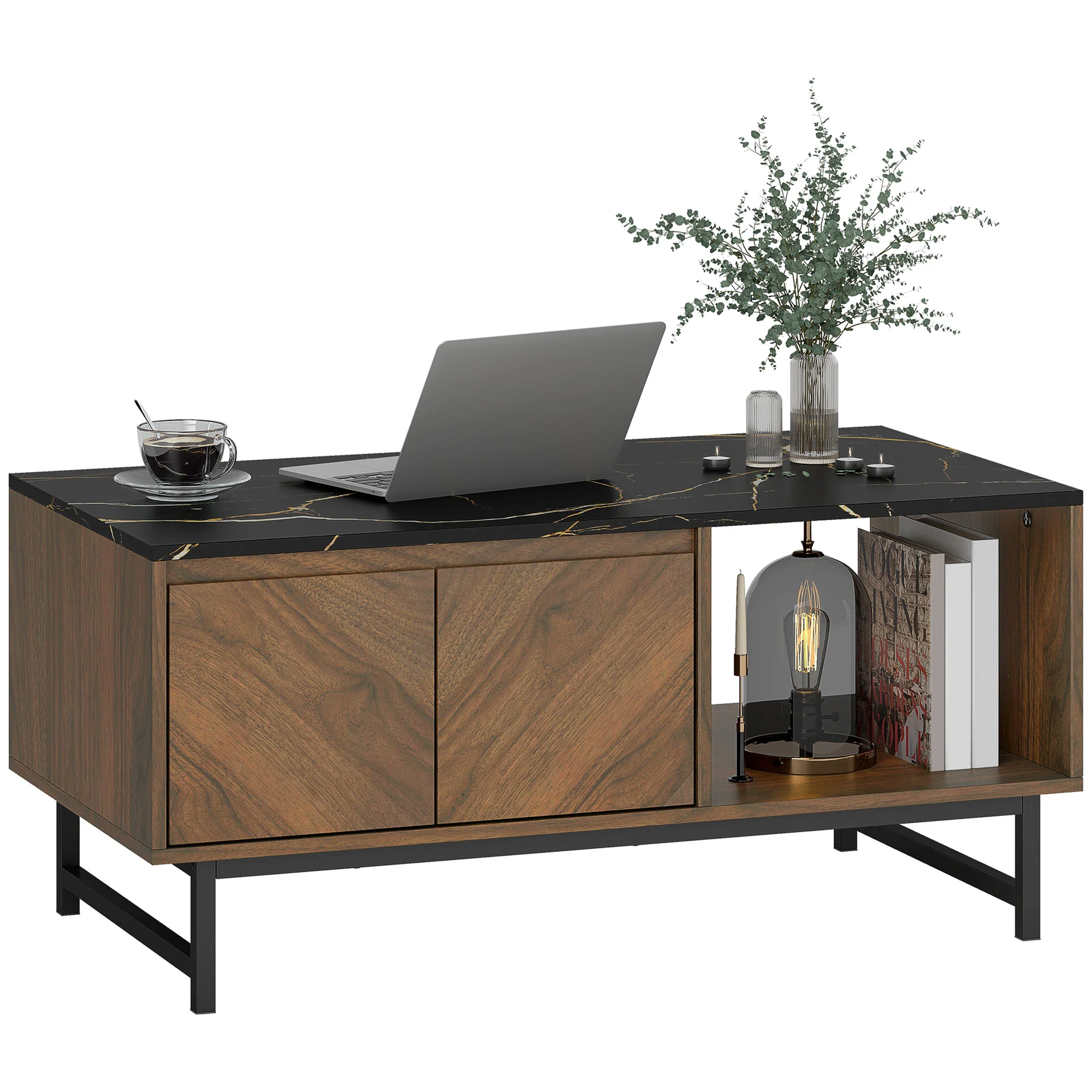 Table basse, table de salon avec plateau effet marbre, 2 portes et 2 compartiments ouverts, cadre en acier, style moderne, pour salon, bureau, 100 x 50,8 x 45,7 cm, noyer - Image 11