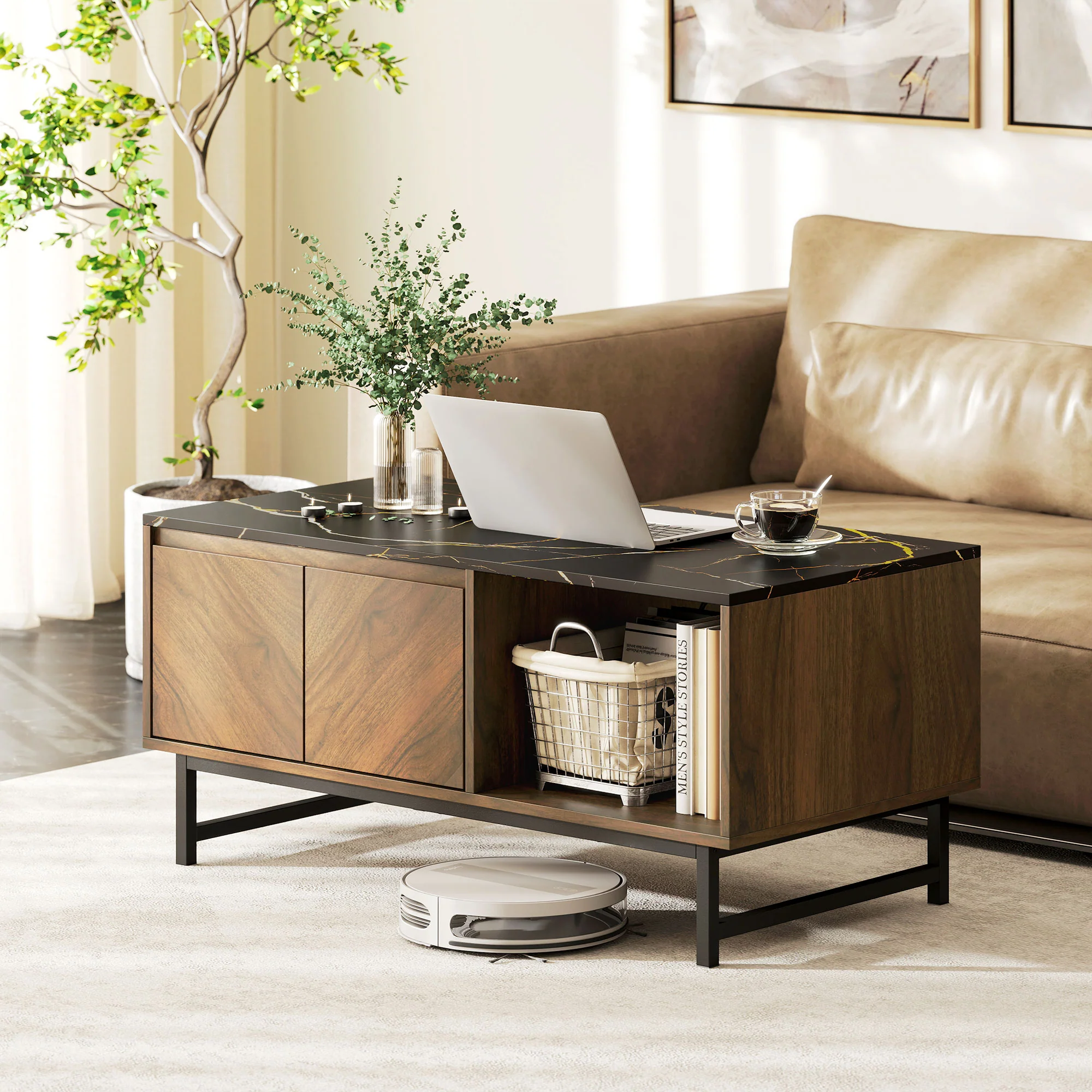 Table basse, table de salon avec plateau effet marbre, 2 portes et 2 compartiments ouverts, cadre en acier, style moderne, pour salon, bureau, 100 x 50,8 x 45,7 cm, noyer - Image 3