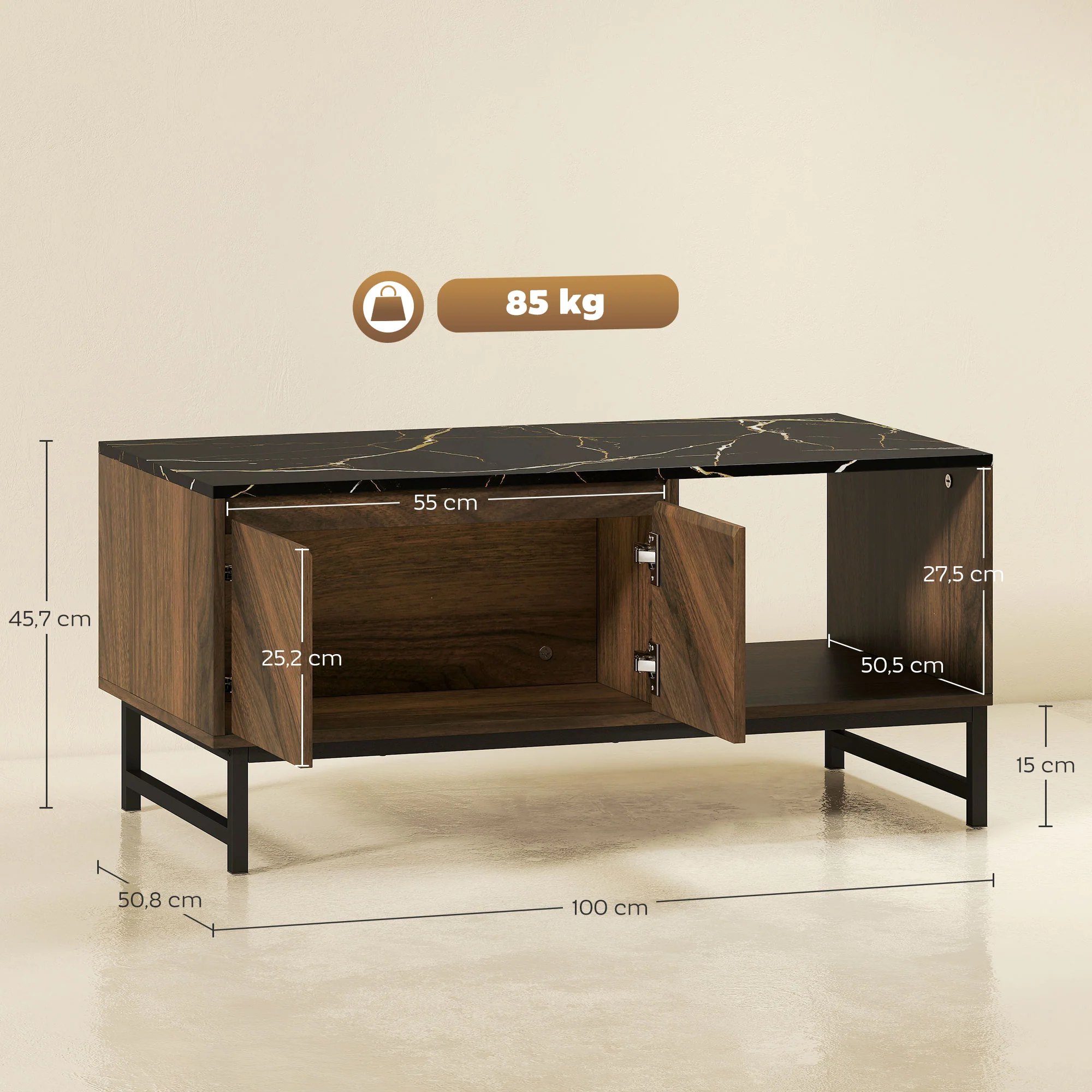Table basse, table de salon avec plateau effet marbre, 2 portes et 2 compartiments ouverts, cadre en acier, style moderne, pour salon, bureau, 100 x 50,8 x 45,7 cm, noyer - Image 4