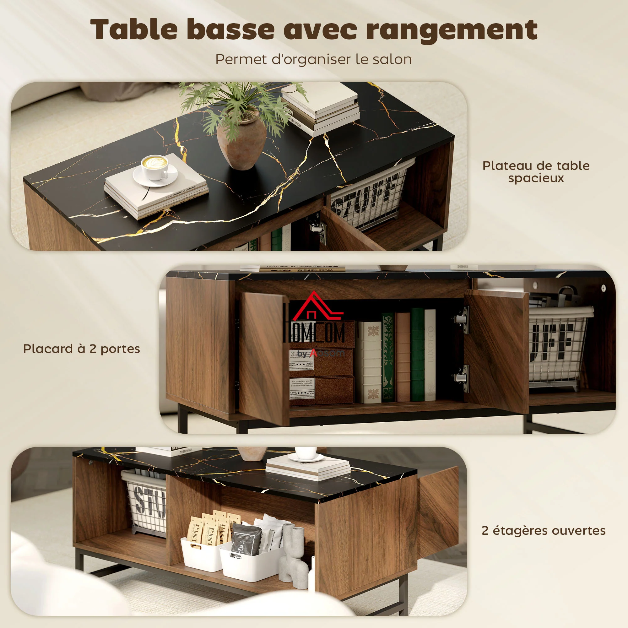 Table basse, table de salon avec plateau effet marbre, 2 portes et 2 compartiments ouverts, cadre en acier, style moderne, pour salon, bureau, 100 x 50,8 x 45,7 cm, noyer - Image 5