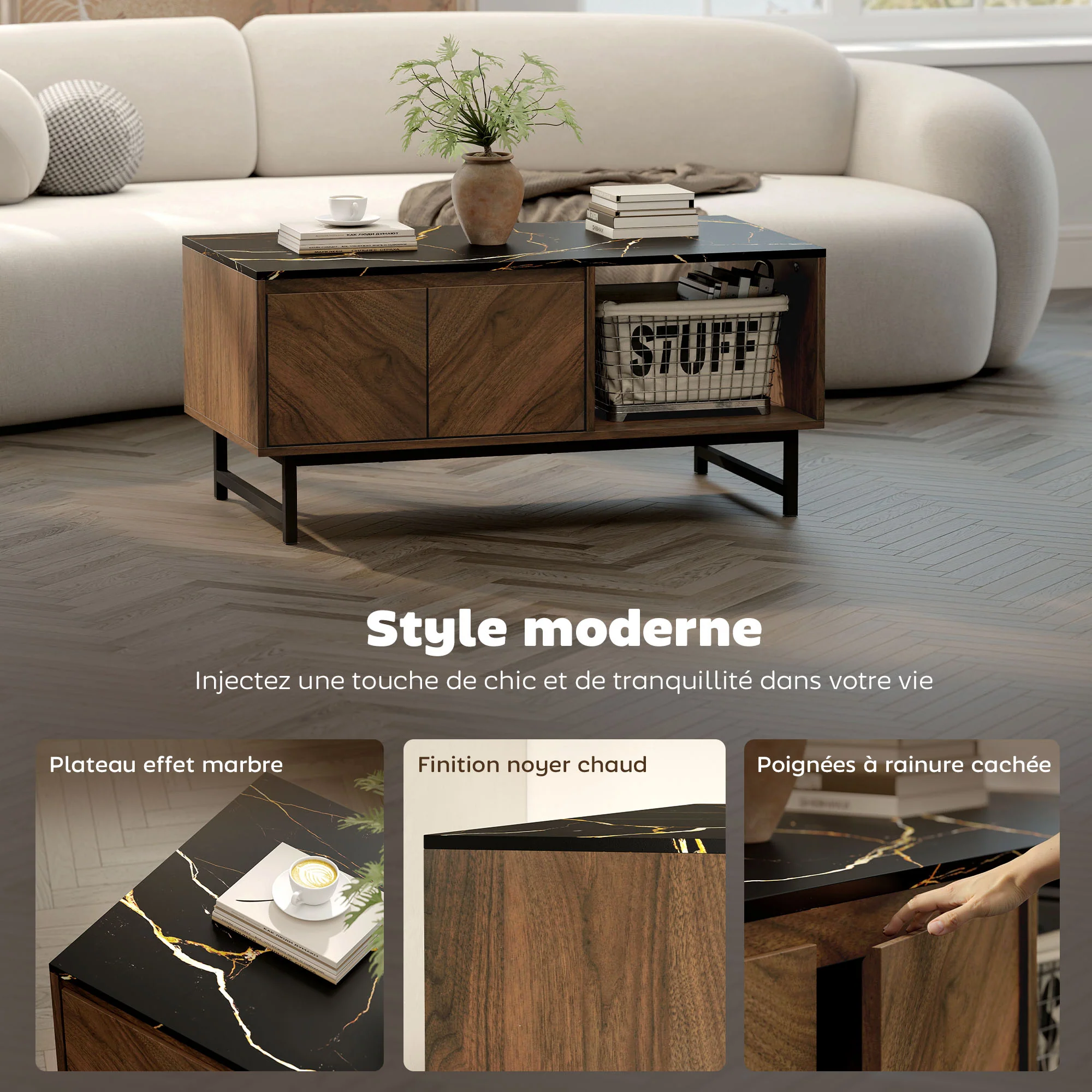 Table basse, table de salon avec plateau effet marbre, 2 portes et 2 compartiments ouverts, cadre en acier, style moderne, pour salon, bureau, 100 x 50,8 x 45,7 cm, noyer - Image 6