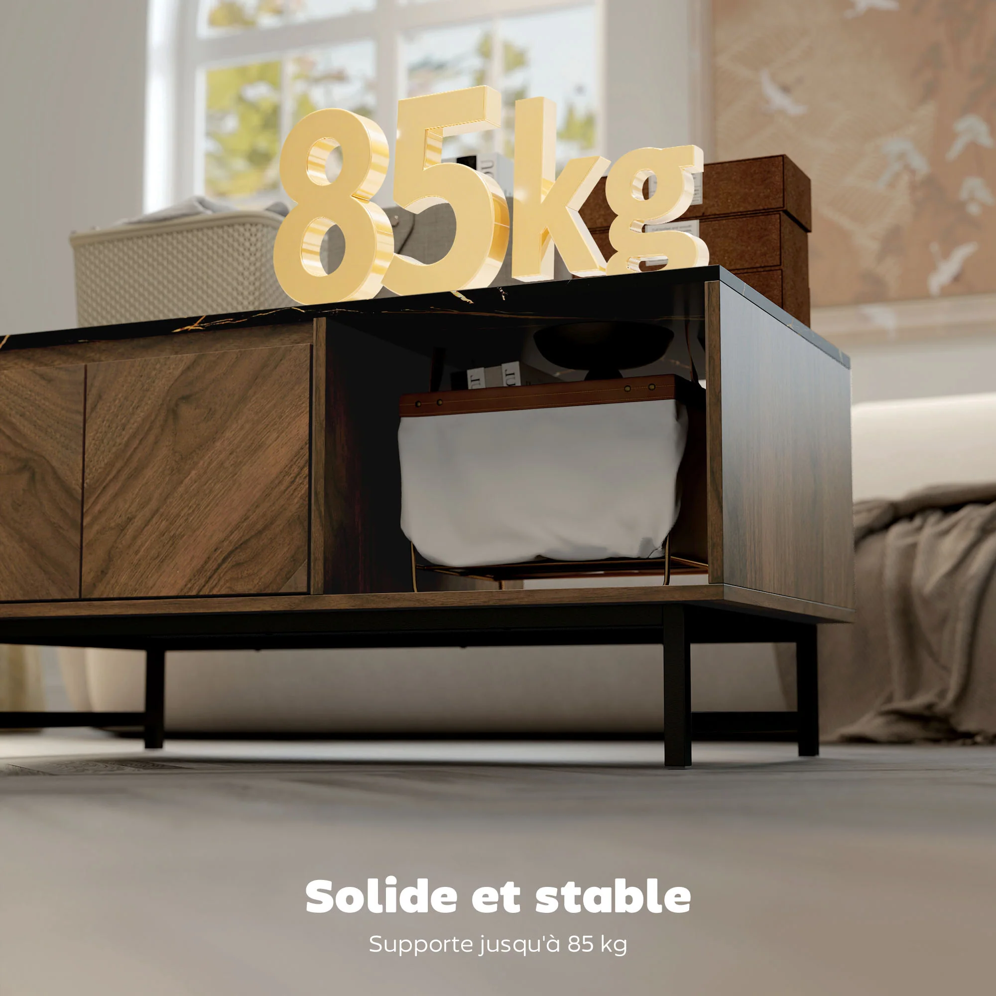 Table basse, table de salon avec plateau effet marbre, 2 portes et 2 compartiments ouverts, cadre en acier, style moderne, pour salon, bureau, 100 x 50,8 x 45,7 cm, noyer - Image 7