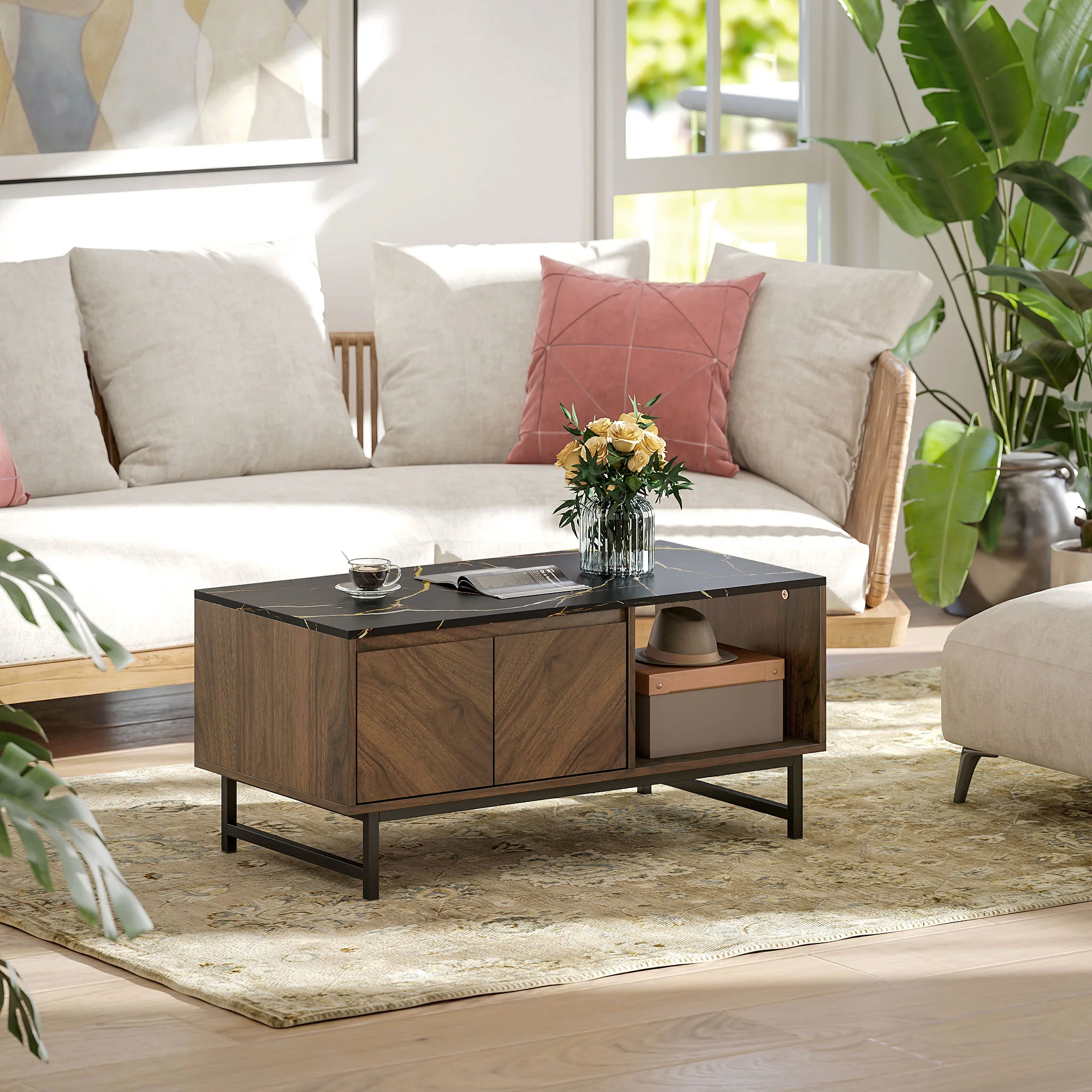 Table basse, table de salon avec plateau effet marbre, 2 portes et 2 compartiments ouverts, cadre en acier, style moderne, pour salon, bureau, 100 x 50,8 x 45,7 cm, noyer - Image 9