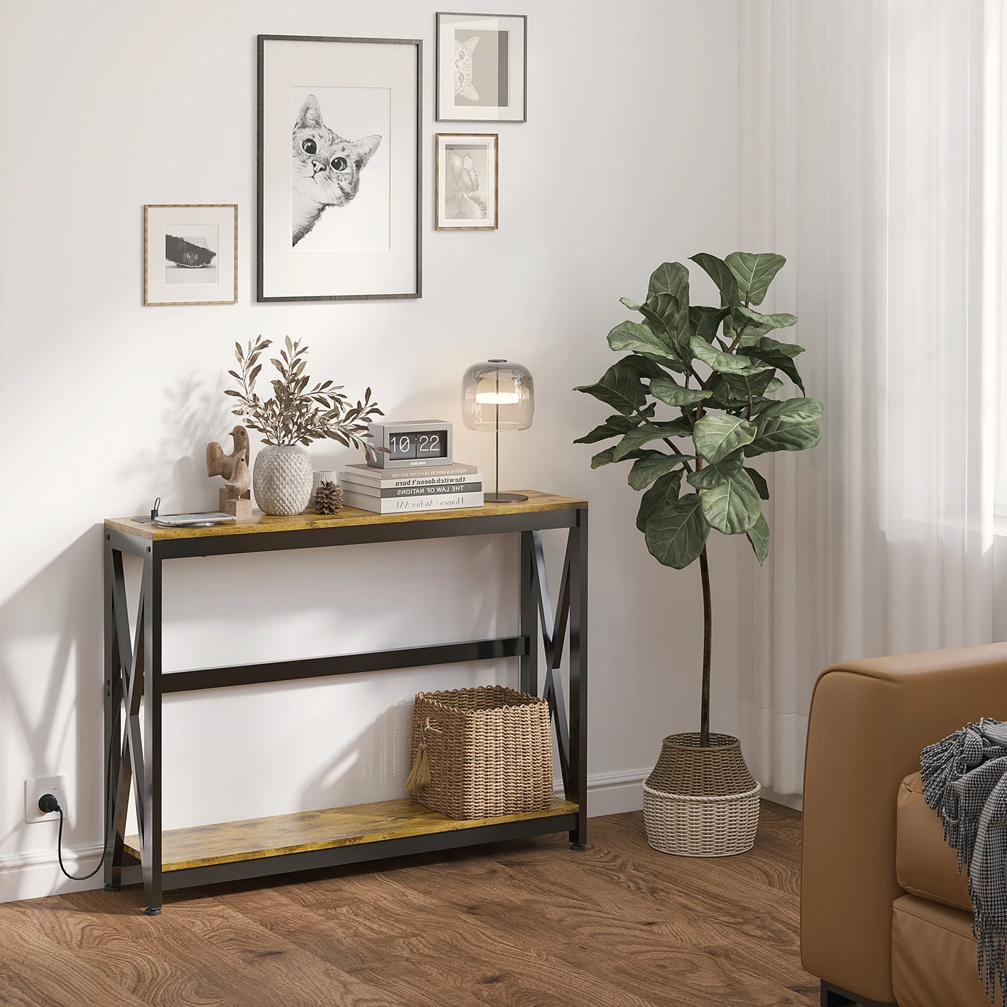 Table console avec multiprise, table de canapé avec 2 étagères, table d'entrée étroite pour salon, chambre, couloir, 100 x 24 x 75 cm, style industriel, marron rustique et noir - Image 3
