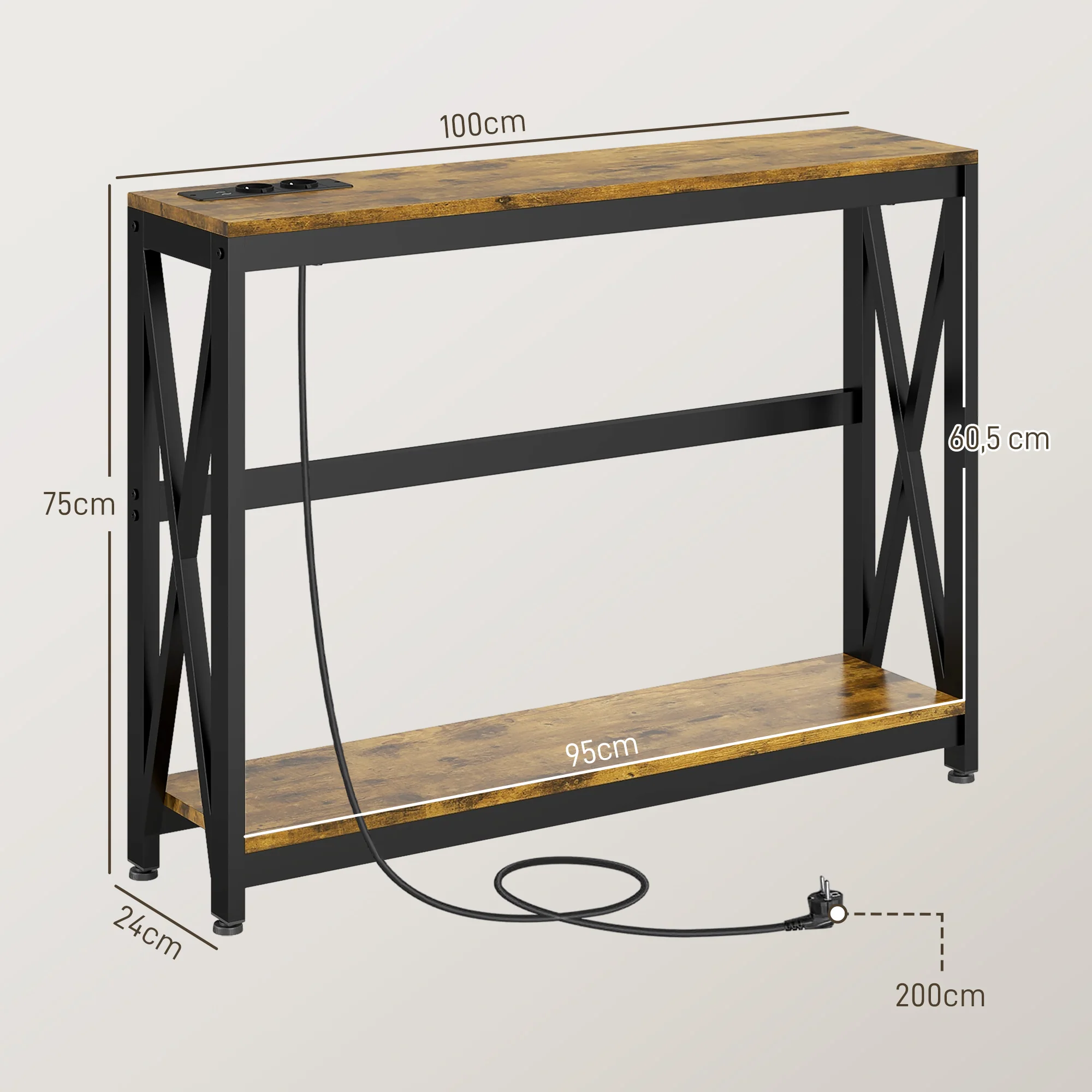 Table console avec multiprise, table de canapé avec 2 étagères, table d'entrée étroite pour salon, chambre, couloir, 100 x 24 x 75 cm, style industriel, marron rustique et noir - Image 4