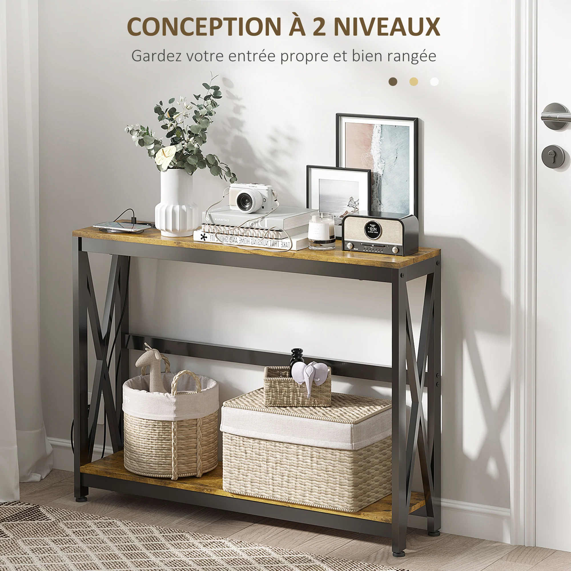 Table console avec multiprise, table de canapé avec 2 étagères, table d'entrée étroite pour salon, chambre, couloir, 100 x 24 x 75 cm, style industriel, marron rustique et noir - Image 6