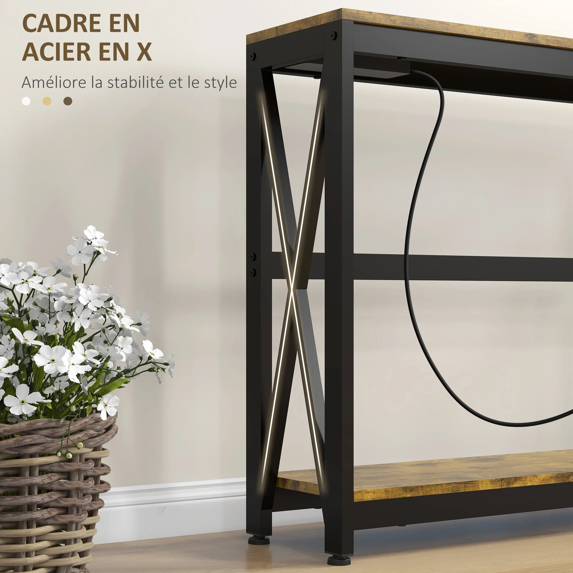 Table console avec multiprise, table de canapé avec 2 étagères, table d'entrée étroite pour salon, chambre, couloir, 100 x 24 x 75 cm, style industriel, marron rustique et noir - Image 7
