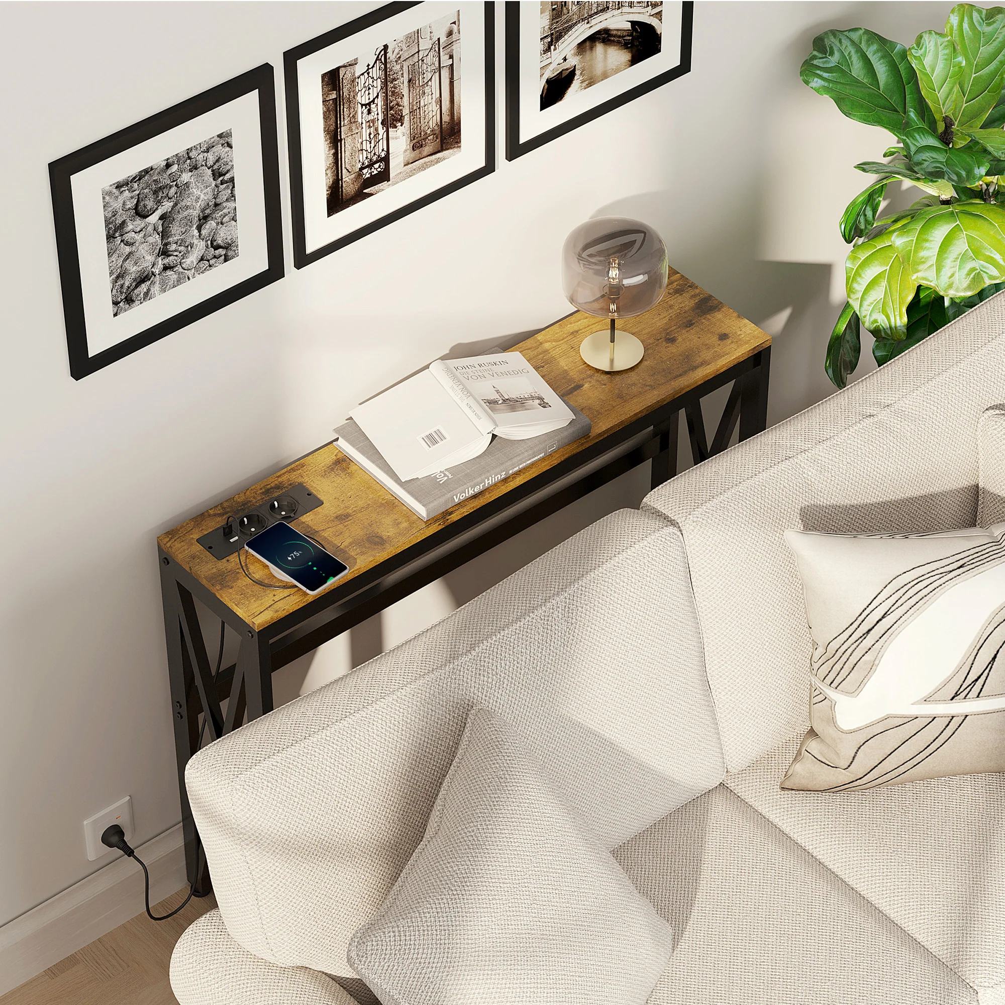 Table console avec multiprise, table de canapé avec 2 étagères, table d'entrée étroite pour salon, chambre, couloir, 100 x 24 x 75 cm, style industriel, marron rustique et noir - Image 9