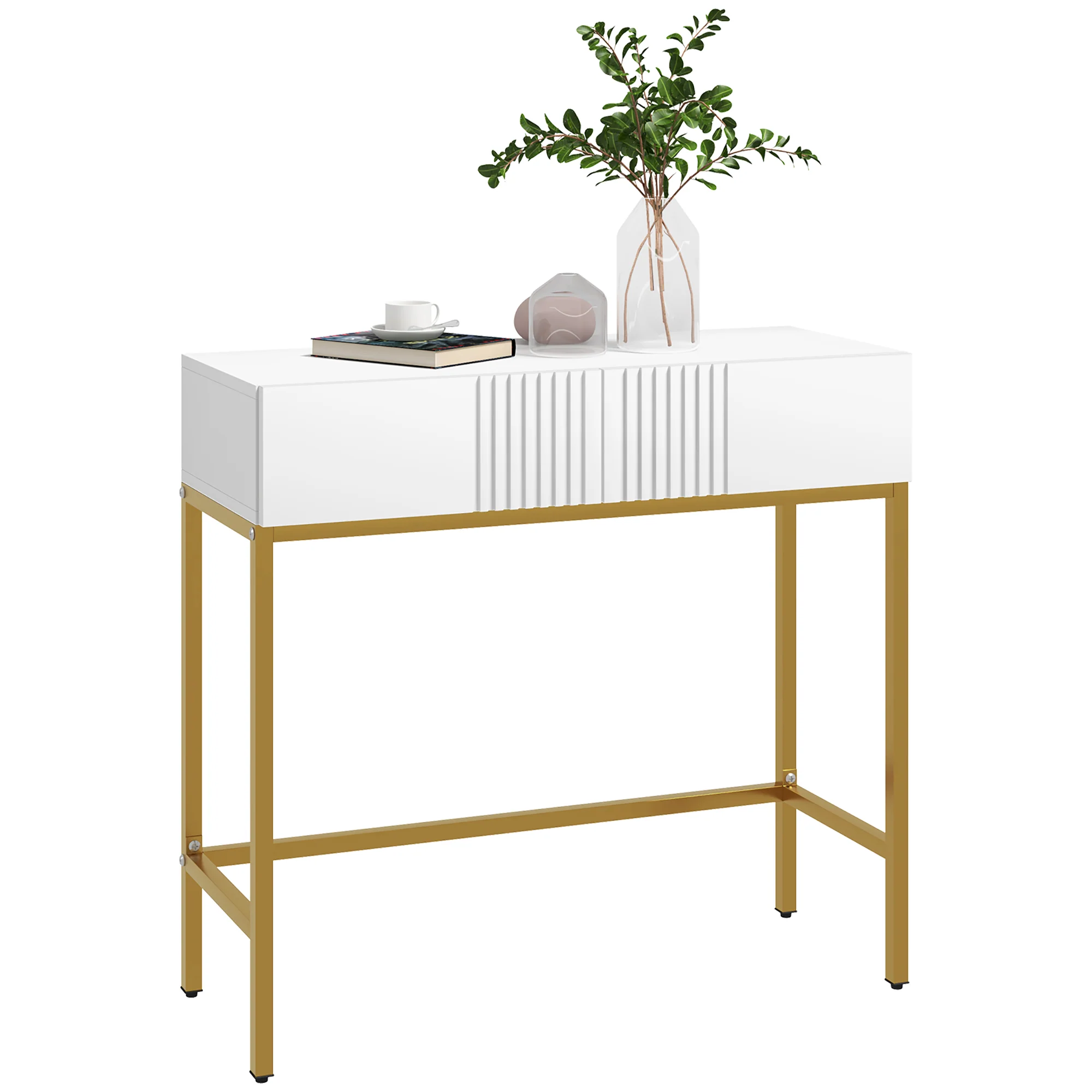 Table console, console meuble, avec 2 tiroirs, base en acier, console entrée, avec pieds antidérapants, pour entrée, salon, blanc - Image 11