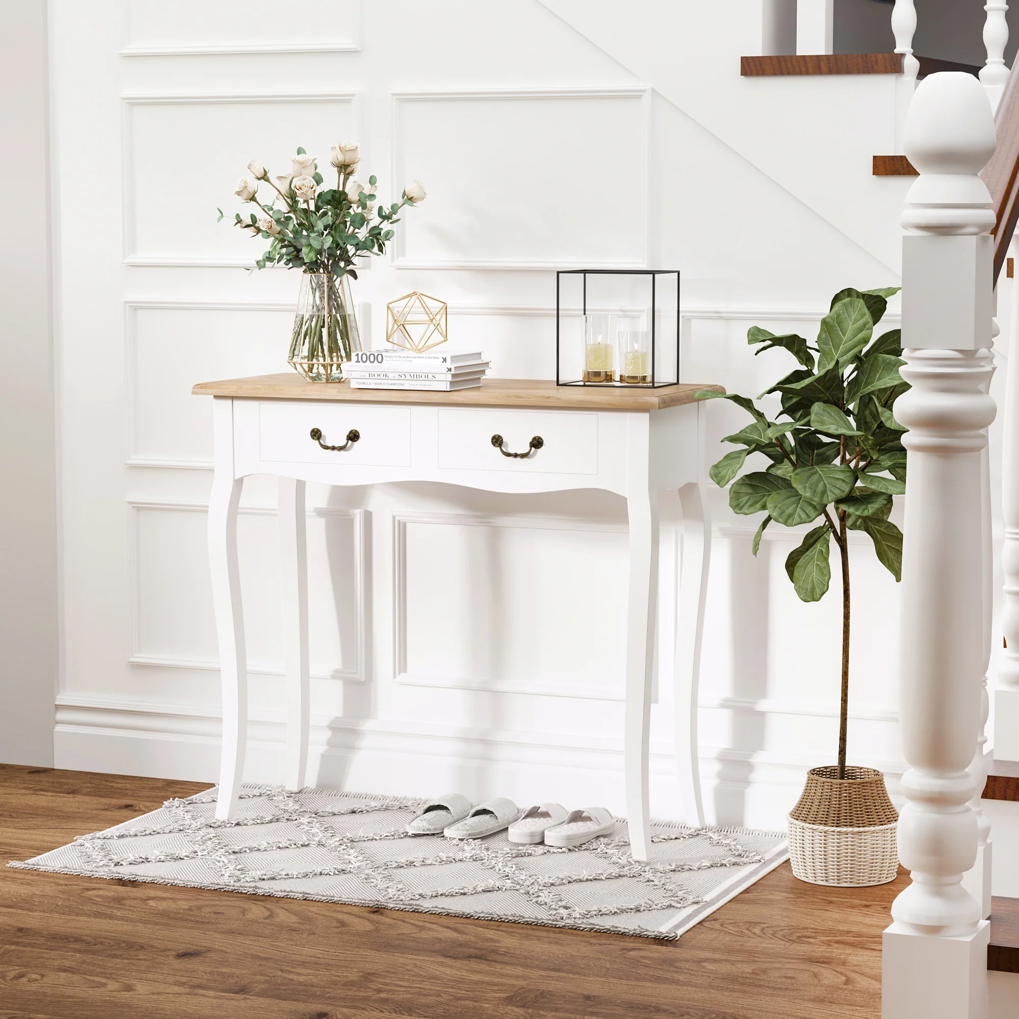 Table Console Table d'entrée Bout de Canapé Style Mexicain 2 tiroirs dim. 87L x 34l x 78H cm MDF Bois Massif pin Clair Blanc - Image 3